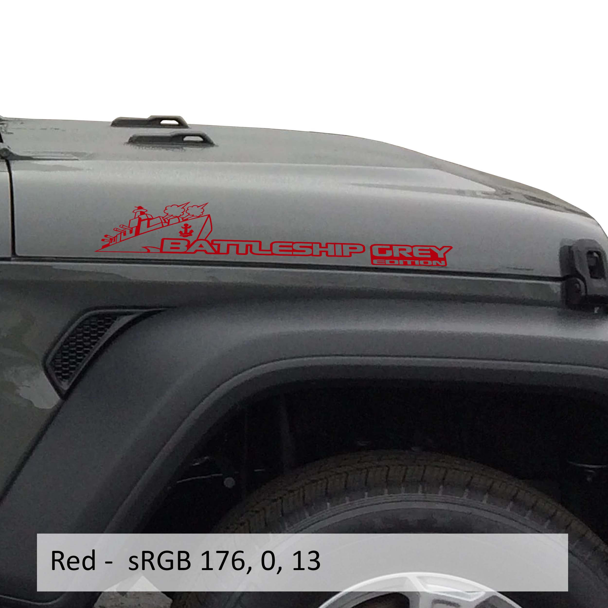 Red Battleship Grey Edition side hood vinyl decal pair with warship illustration laid flat showing