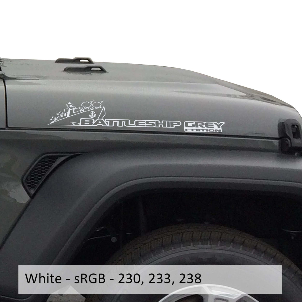 White Battleship Grey Edition side hood vinyl decal pair with warship illustration laid flat