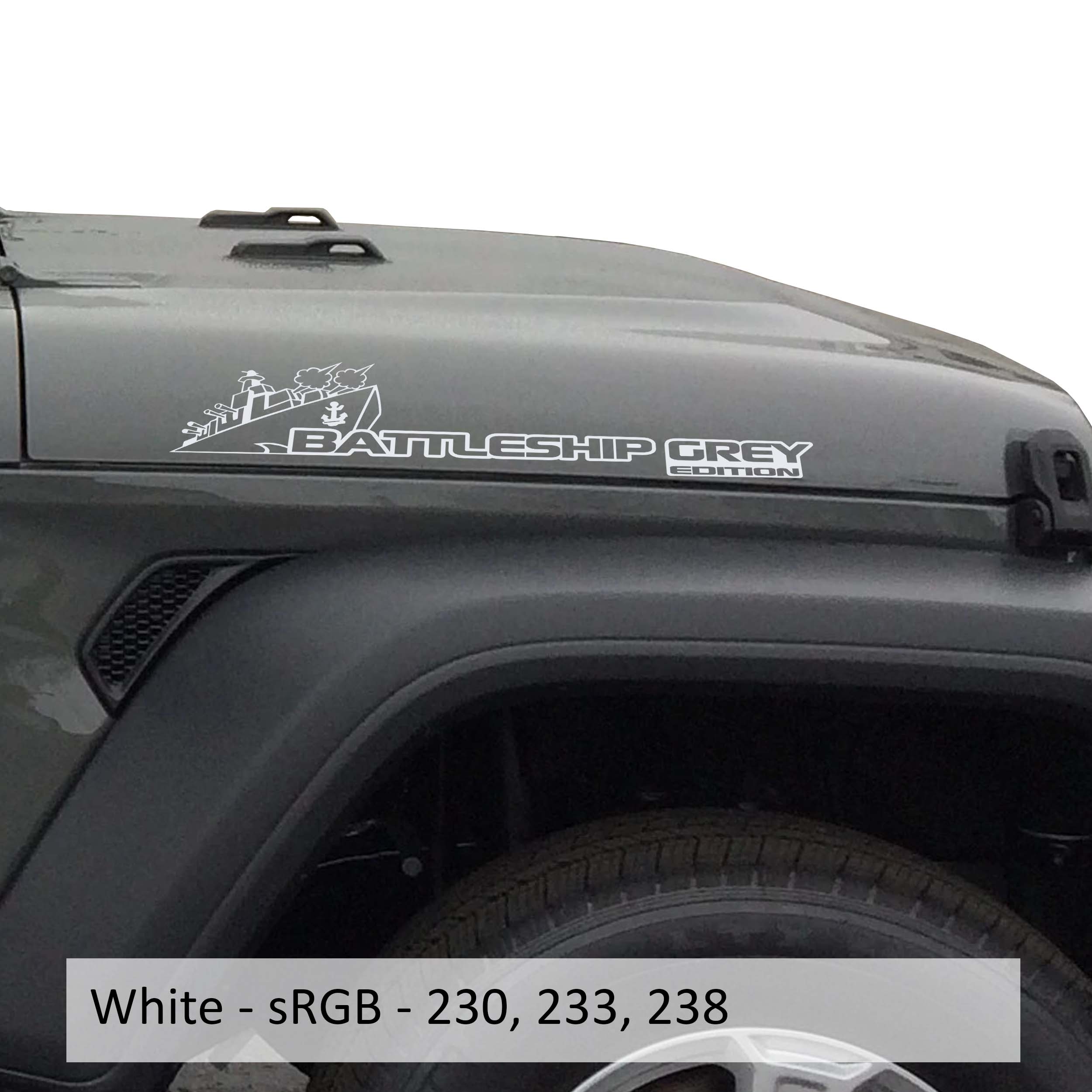 White Battleship Grey Edition side hood vinyl decal pair with warship illustration laid flat