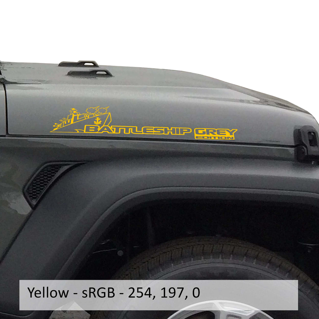 Yellow Battleship Grey Edition side hood vinyl decal pair with warship illustration laid flat