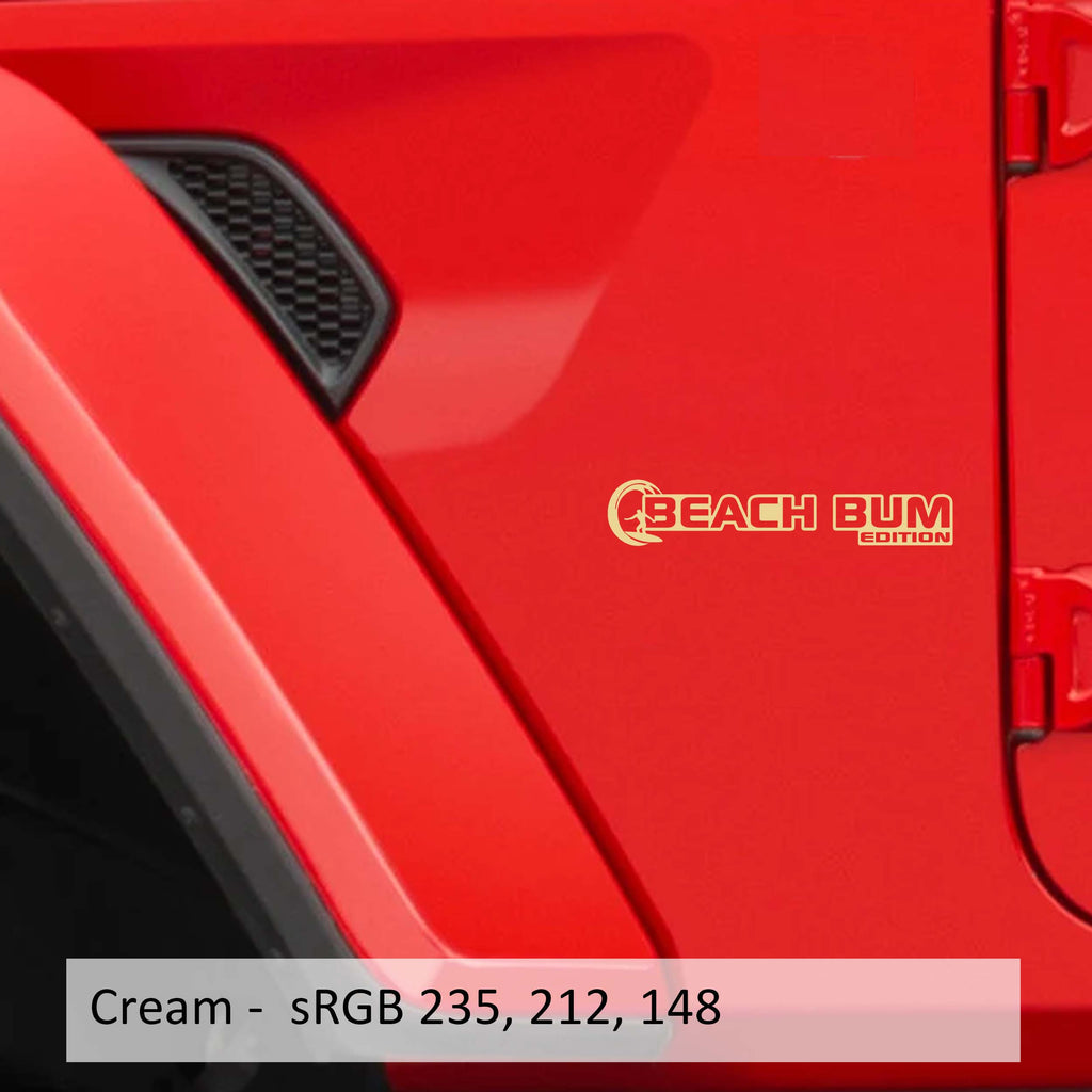 Cream Beach Bum Edition Jeep Wrangler fender vinyl decal set with palm tree tropical sunset art.