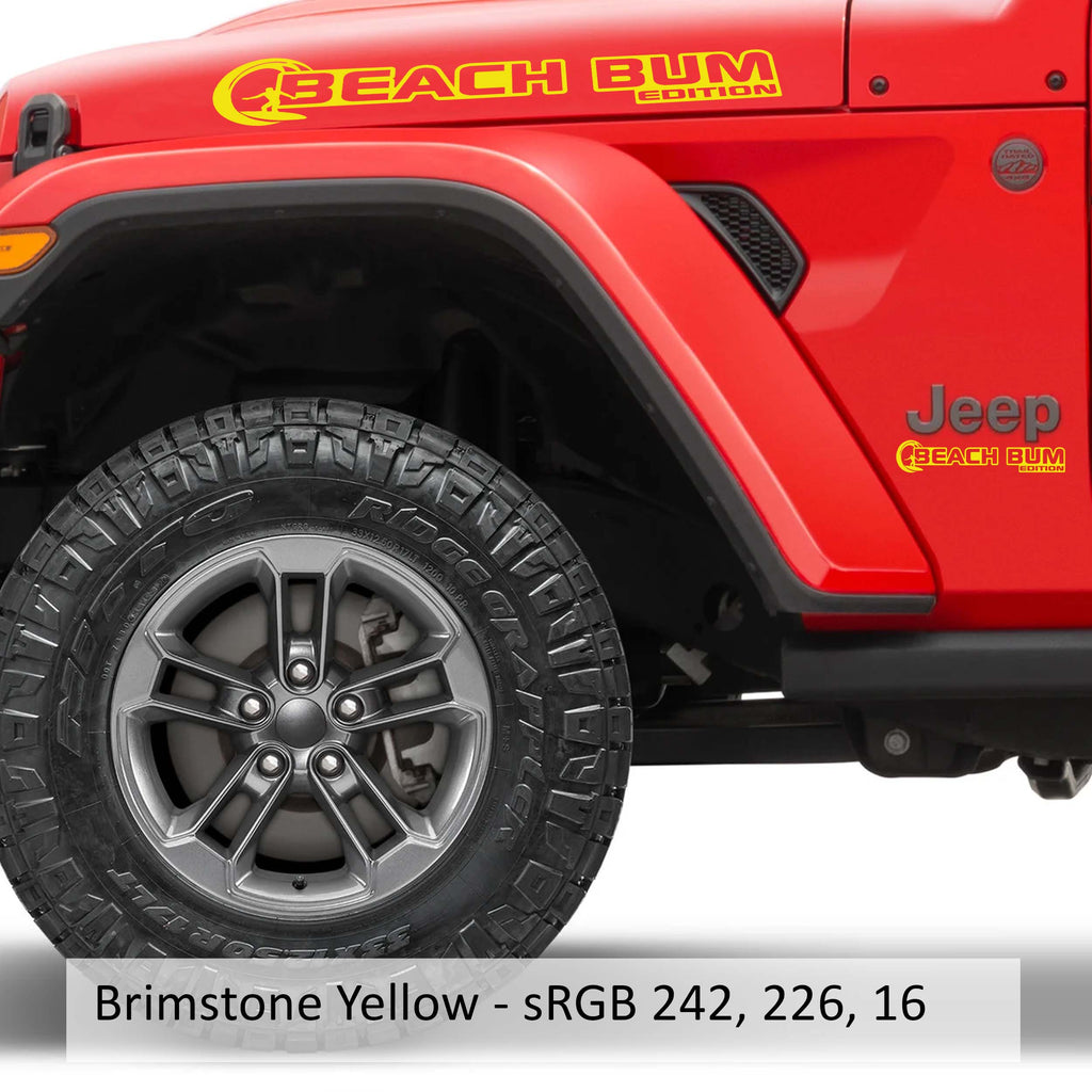 Bahama yellow Beach Bum Edition Wrangler hood vinyl decal pair with palm tree tropical artwork.