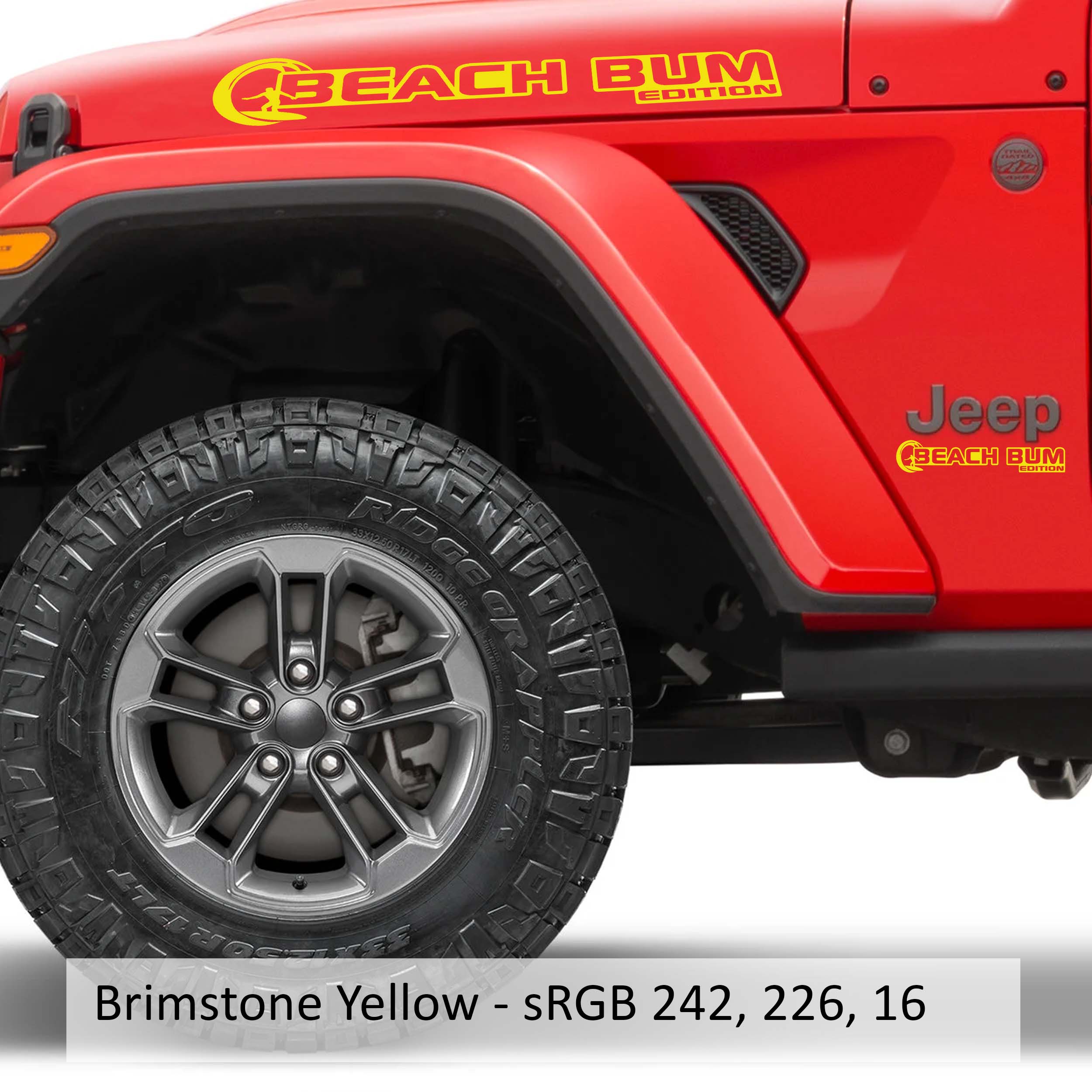 Bahama yellow Beach Bum Edition Wrangler hood vinyl decal pair with palm tree tropical artwork.