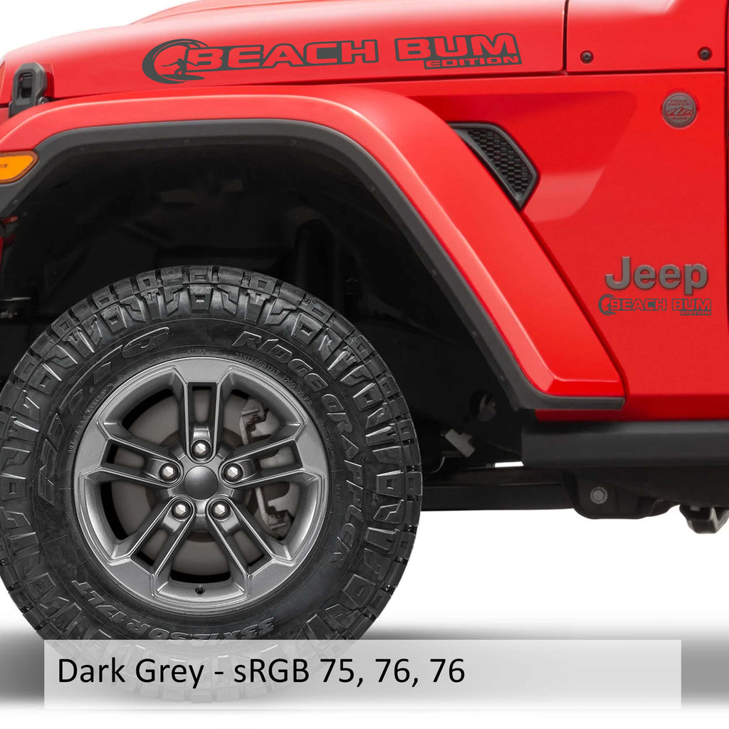 Dark gray Beach Bum Edition Jeep Wrangler hood vinyl decal pair with palm tree tropical artwork.