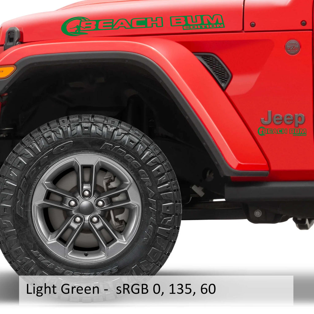Light green Beach Bum Edition Jeep Wrangler hood vinyl decal pair with palm tree tropical artwork.
