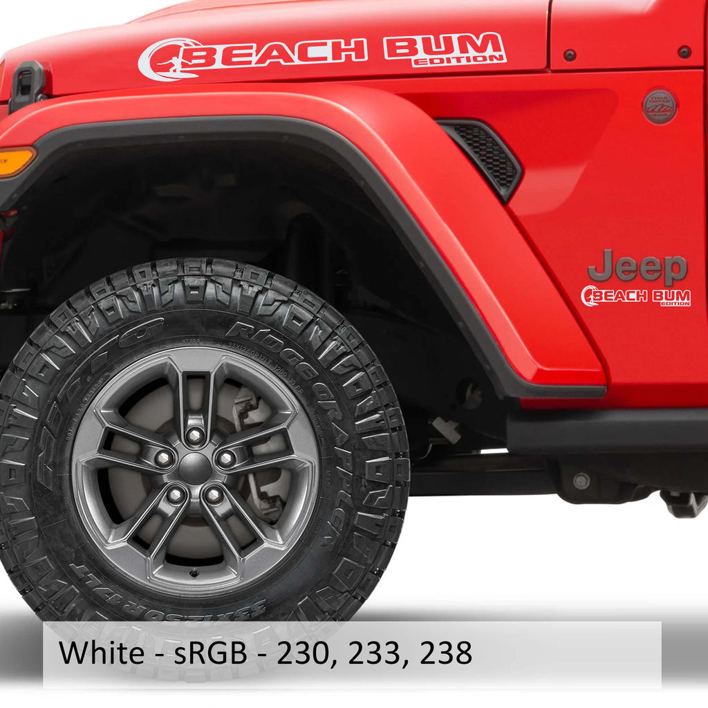 White Beach Bum Edition Jeep Wrangler hood vinyl decal pair with palm tree tropical sunset artwork.