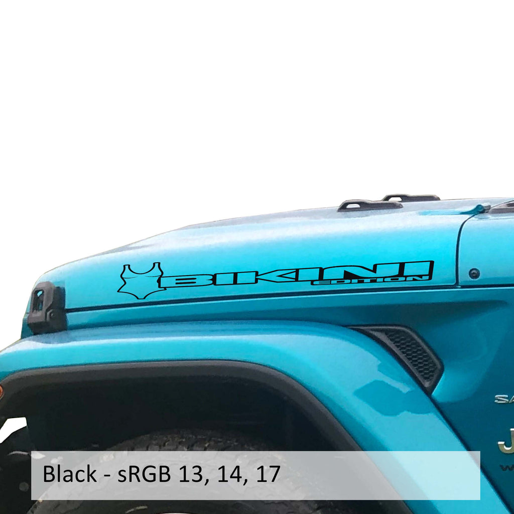 Black Bikini edition side hood decal mockup pair for Jeep Wrangler JL Gladiator JT bonnet