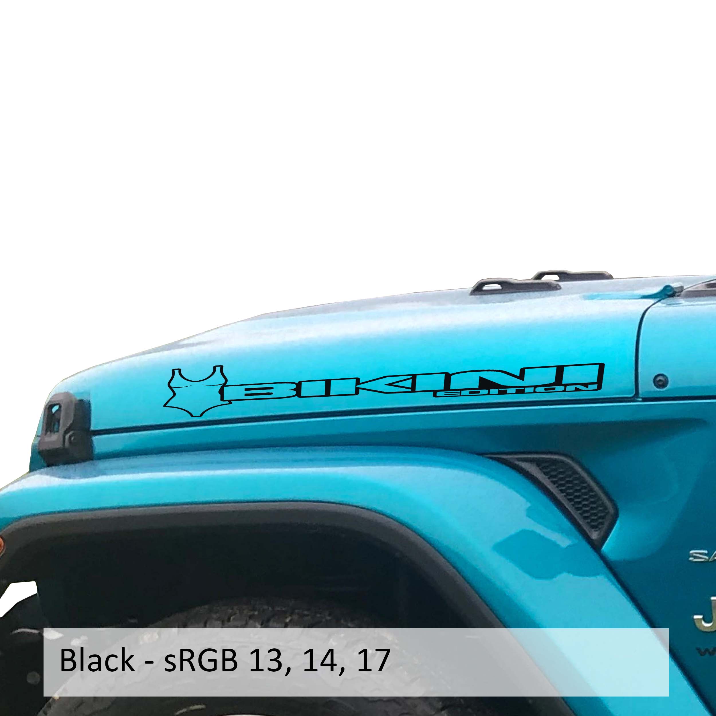 Black Bikini edition side hood decal mockup pair for Jeep Wrangler JL Gladiator JT bonnet