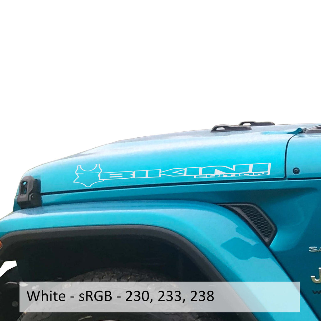 White Bikini edition side hood decal mockup pair for Jeep Wrangler JL Gladiator JT bonnet