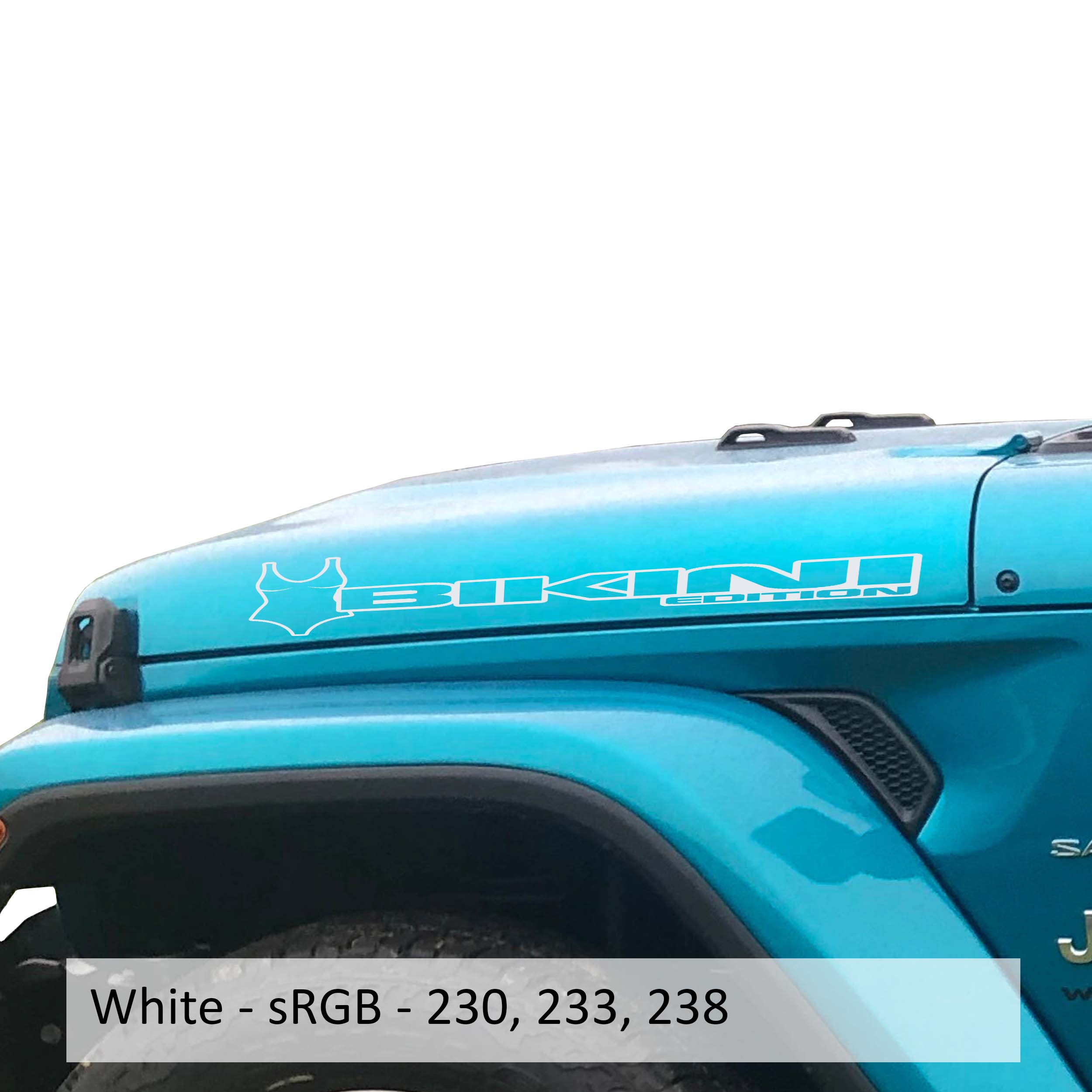 White Bikini edition side hood decal mockup pair for Jeep Wrangler JL Gladiator JT bonnet