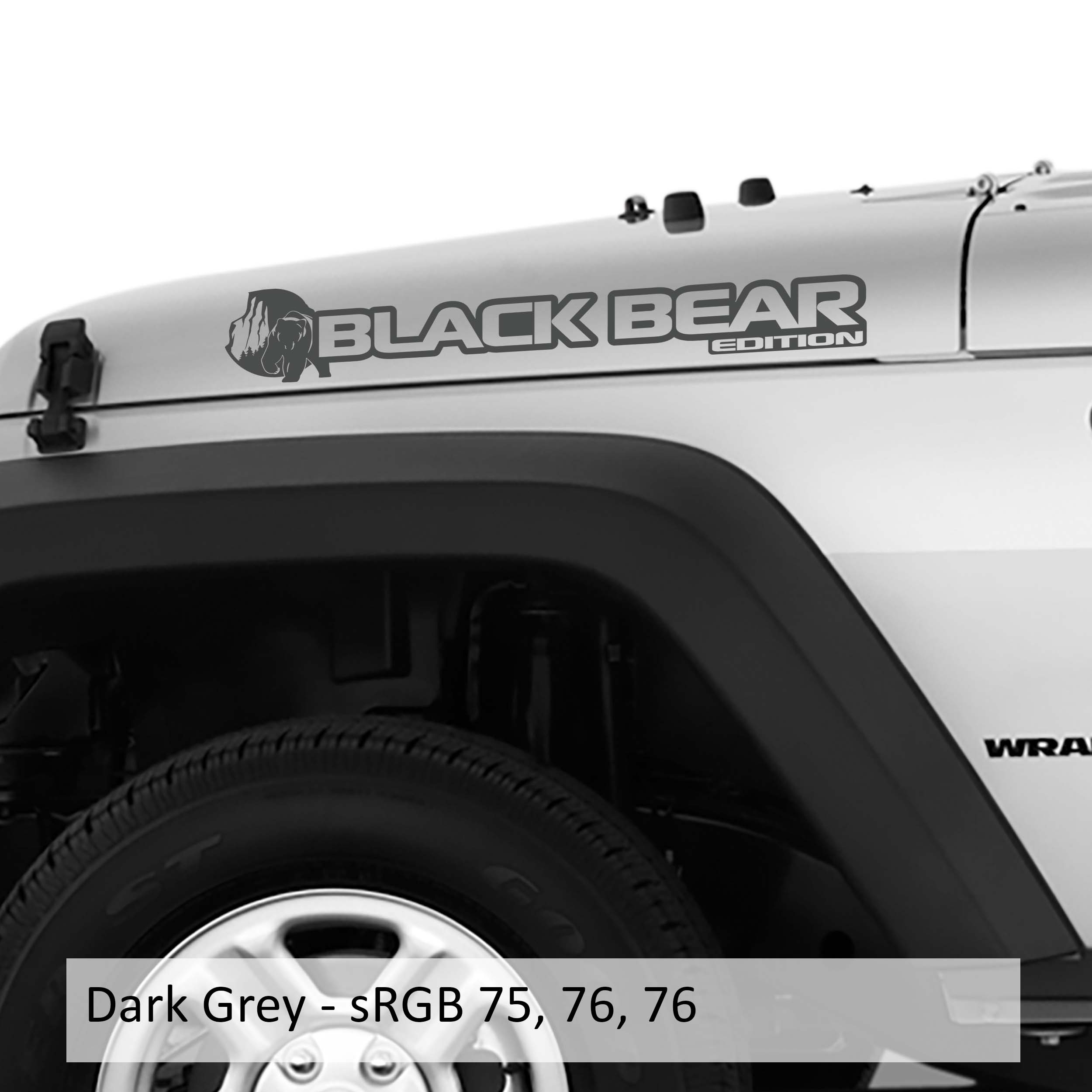 Dark grey Black Bear edition side hood decal mockup pair for Jeep Wrangler JL Gladiator JT