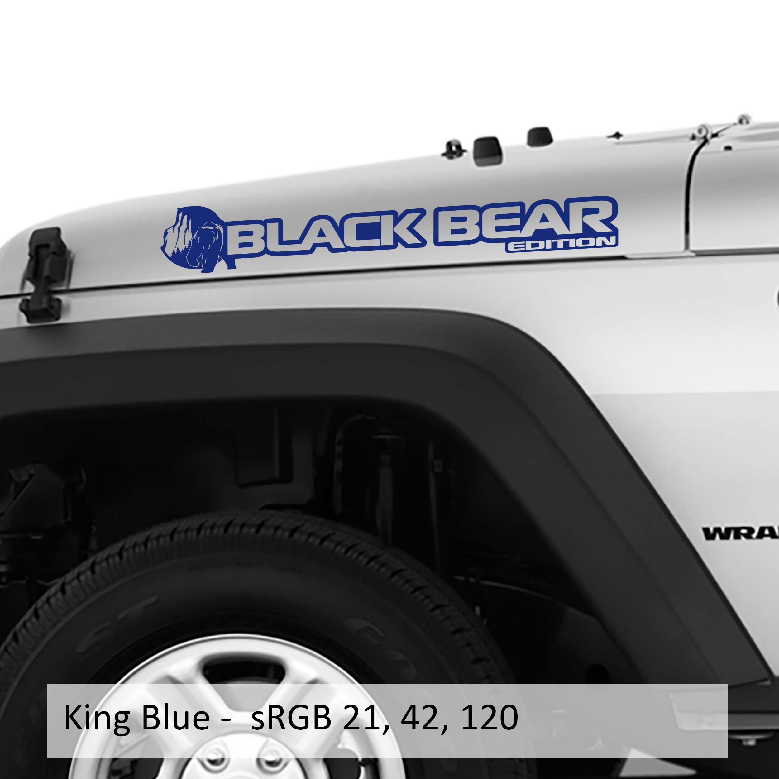 King blue Black Bear edition side hood decal mockup pair for Jeep Wrangler JL Gladiator JT