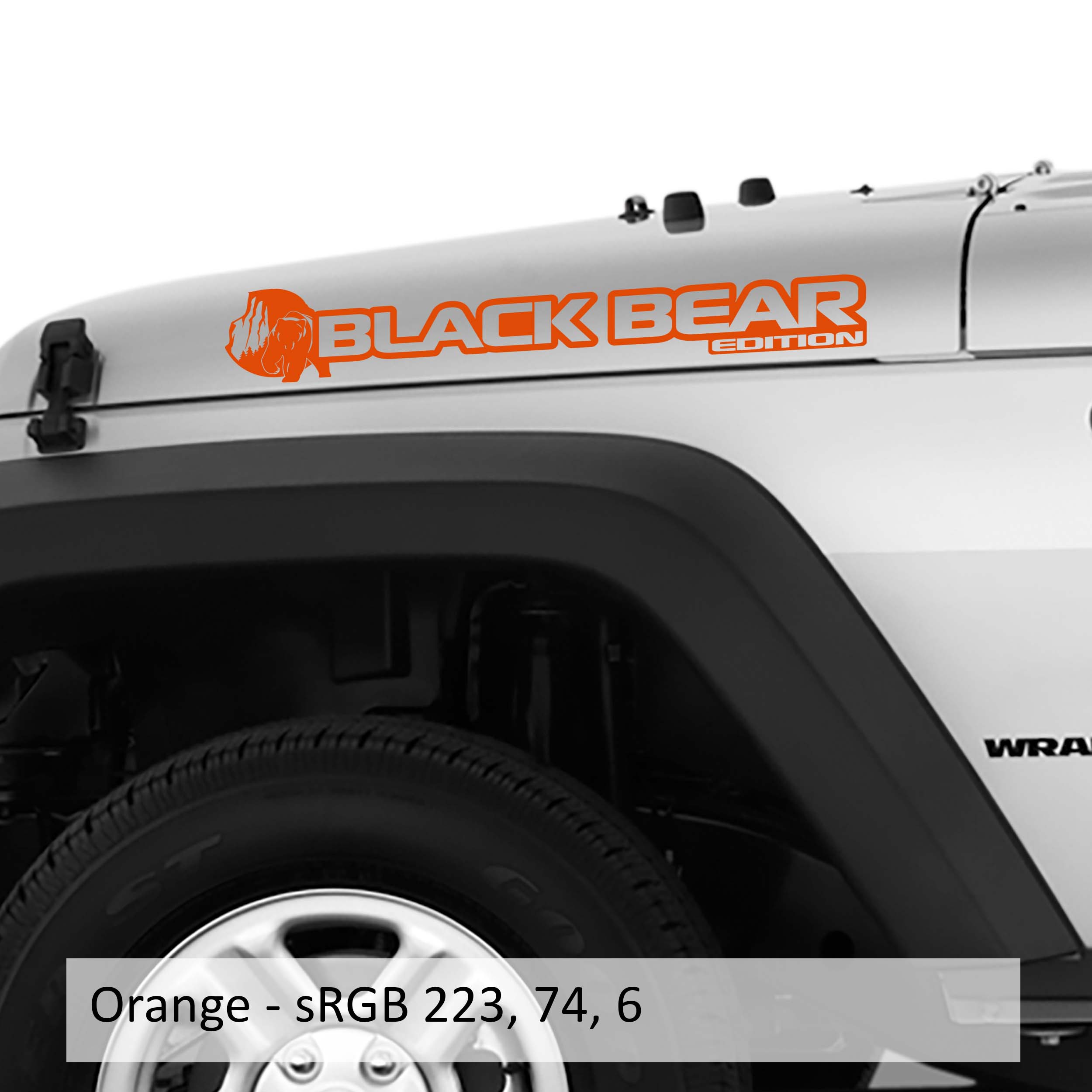 Orange Black Bear edition side hood decal mockup pair for Jeep Wrangler JL Gladiator JT