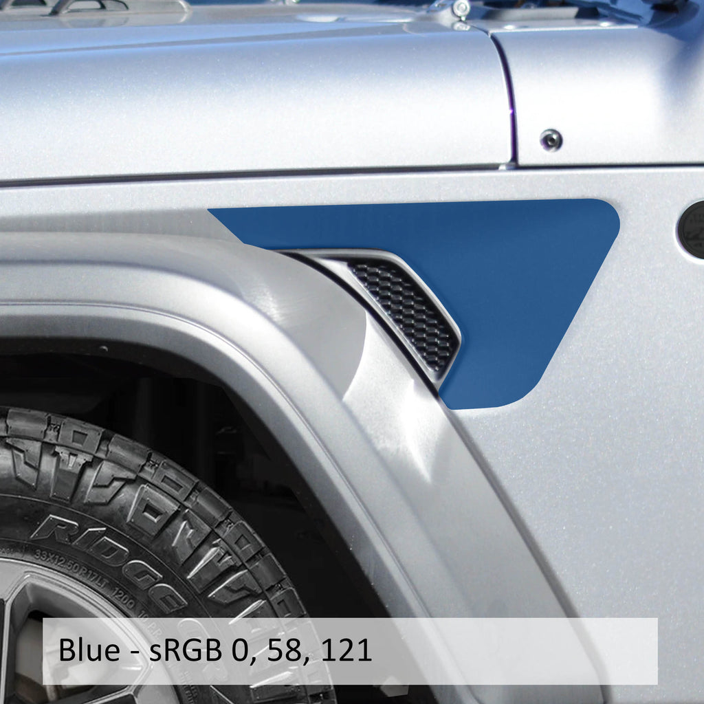 Blue Wrangler JL lettering vinyl decal installed on Jeep Wrangler JL factory billet fender vent