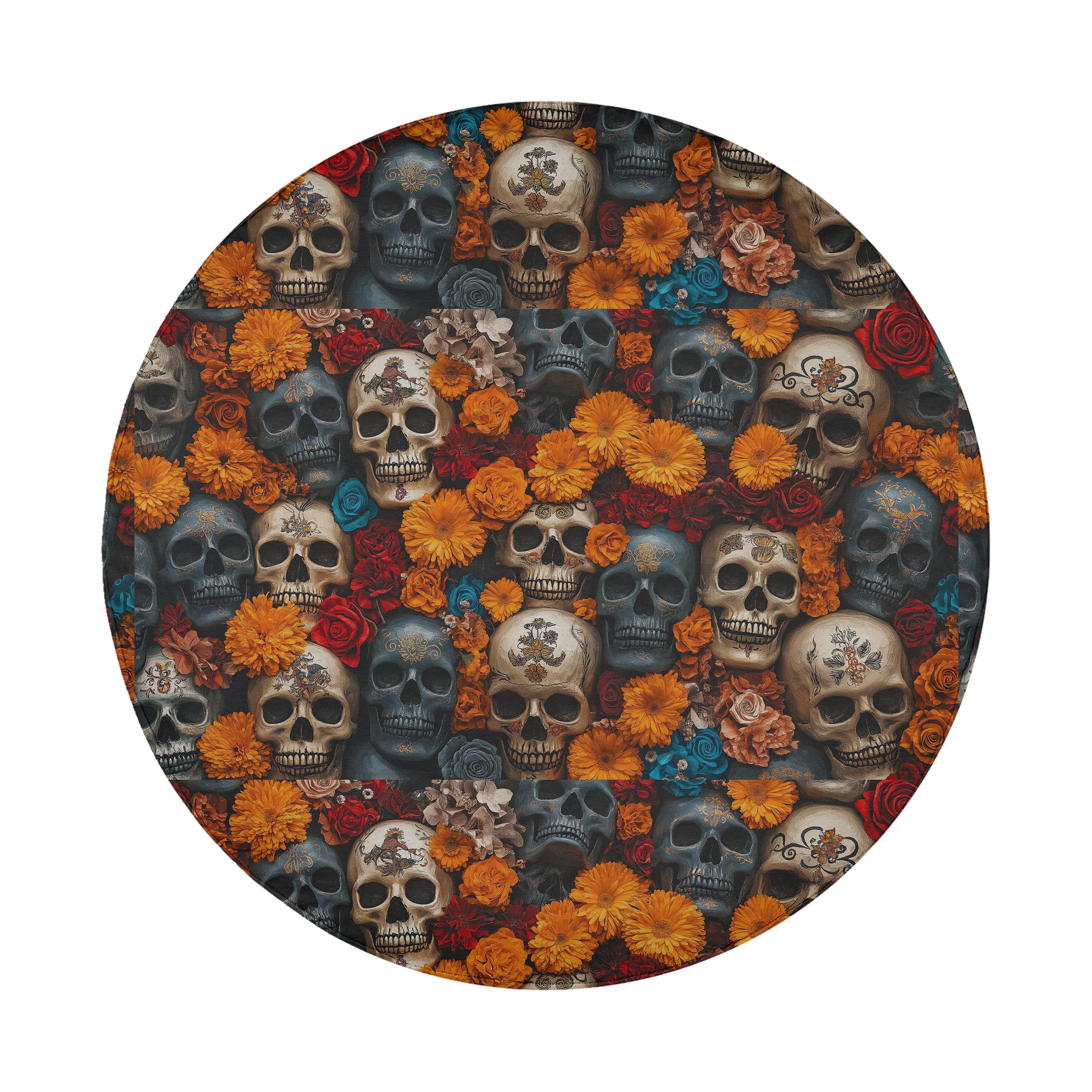 Flowers and skulls tire cover flat round front close-up with marigold flowers, roses, and stacked skulls