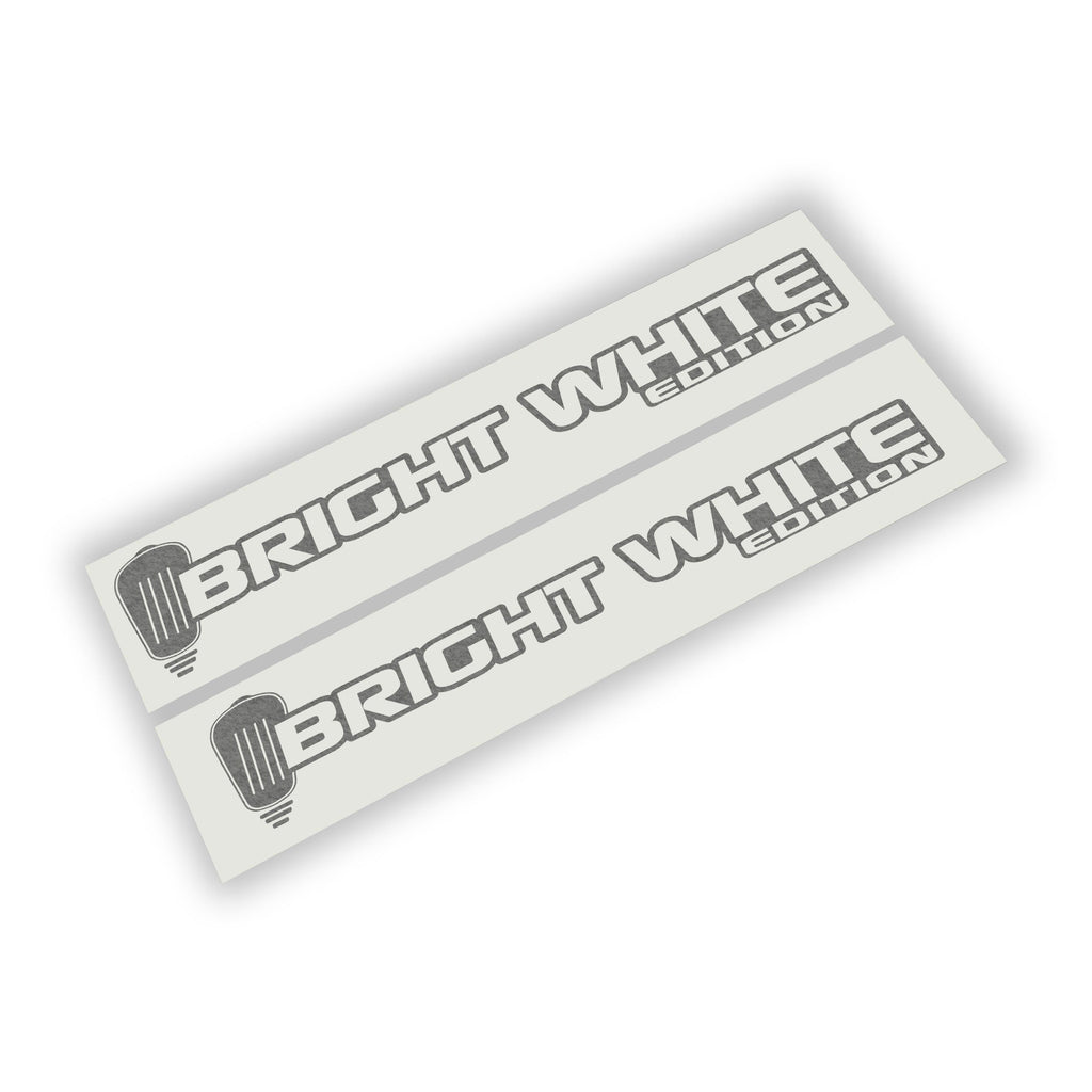 Bright White Edition side hood decal pair in gray vinyl showing bold lettering and Jeep grille icon design