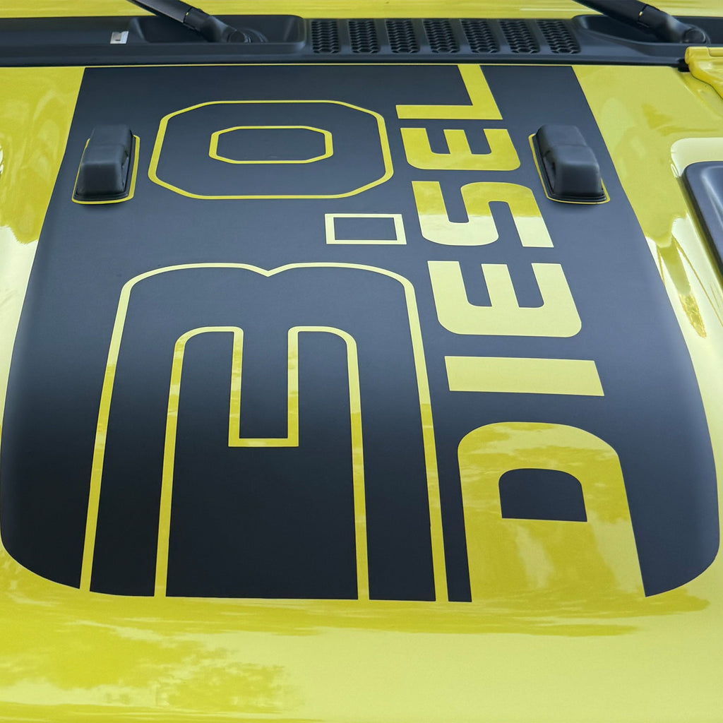 Power Dome 3.0 Diesel black center hood decal on yellow Wrangler JL Rubicon scoop hood