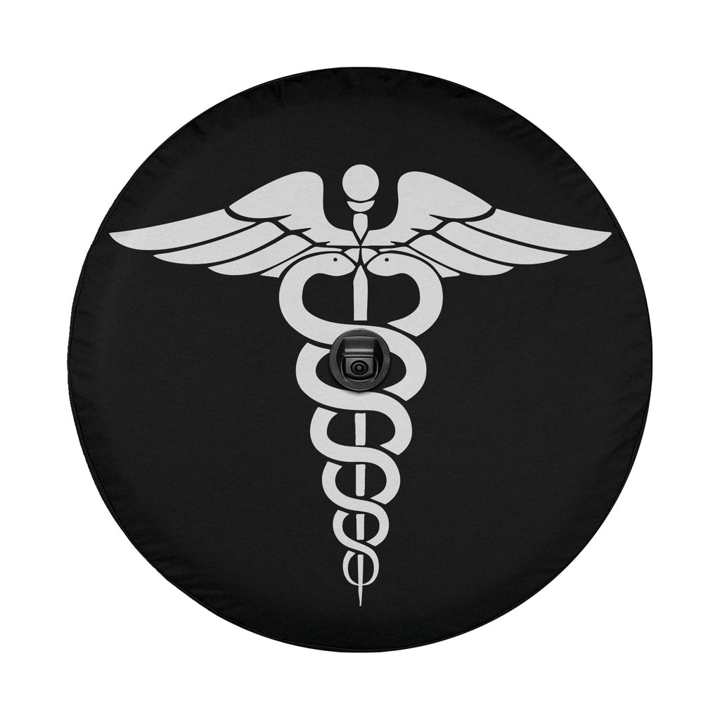 Caduceus Medical Symbol spare tire cover flat round product shot with winged staff and entwined serpents design