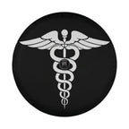 Caduceus Medical Symbol spare tire cover flat round product shot with winged staff and entwined serpents design