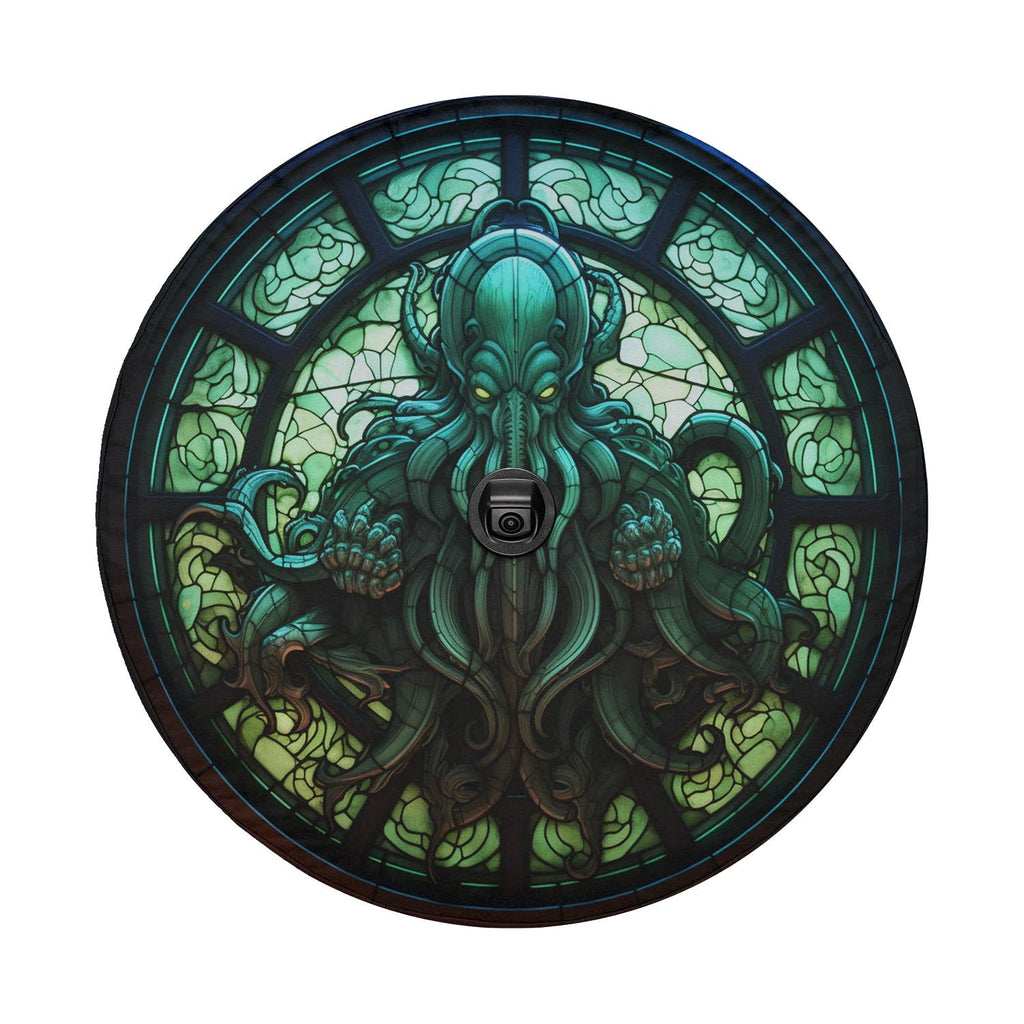Cthulhu Rising stained glass spare tire cover flat art with green octopus deity in circular window