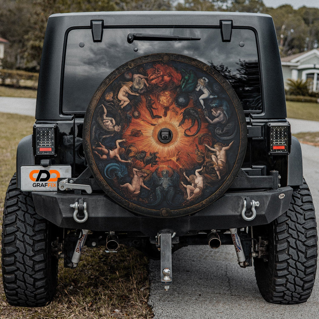 Celestial Zodiac Masterpiece spare tire cover on black Jeep Wrangler rear with Renaissance zodiac art