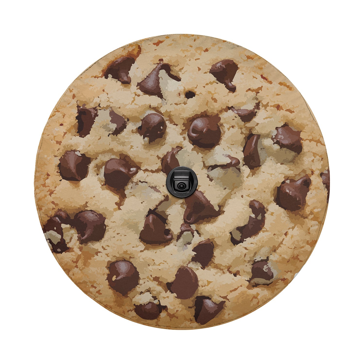 Chip Chip Hooray spare tire cover flat layout art with melty chocolate chips scattered across a golden brown cookie