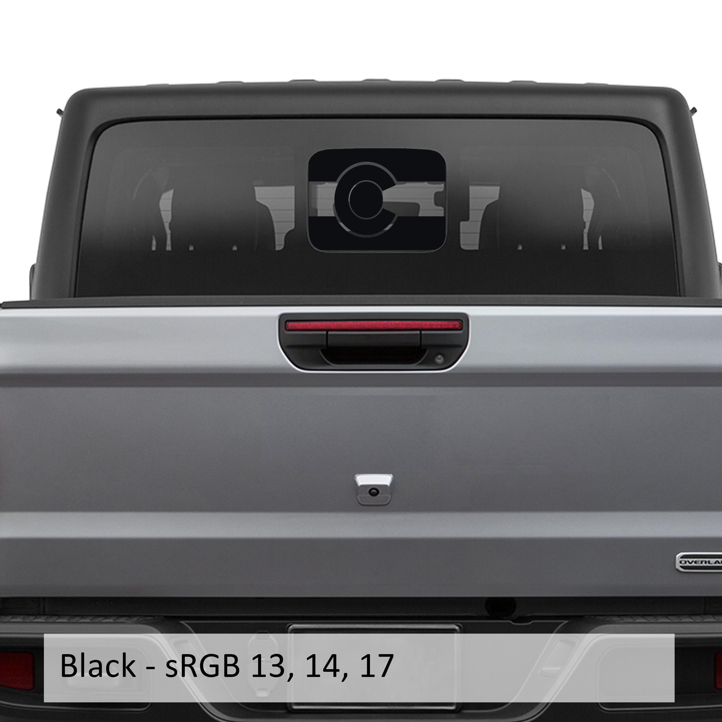 Black Colorado flag JT rear sliding window vinyl decal installed on Jeep Gladiator tailgate glass