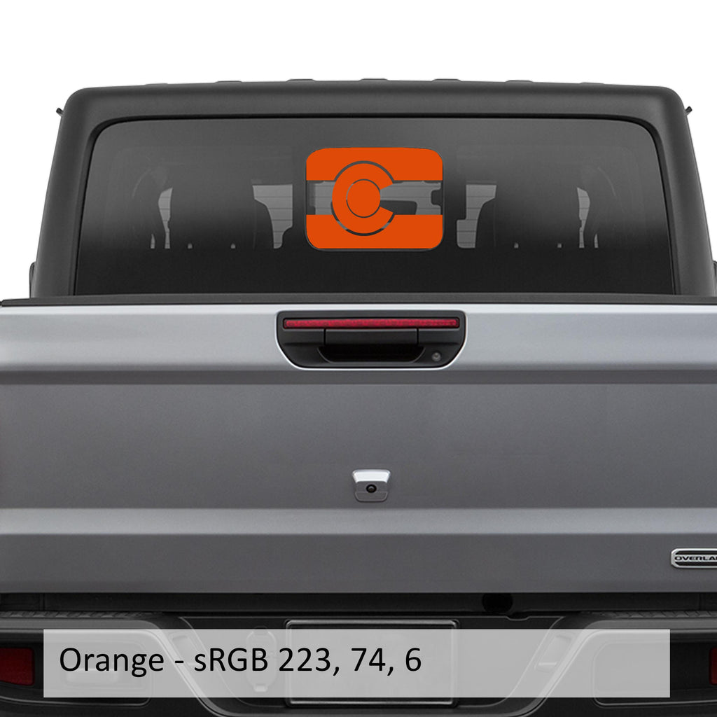 Orange Colorado flag JT rear sliding window vinyl decal installed on Jeep Gladiator tailgate glass