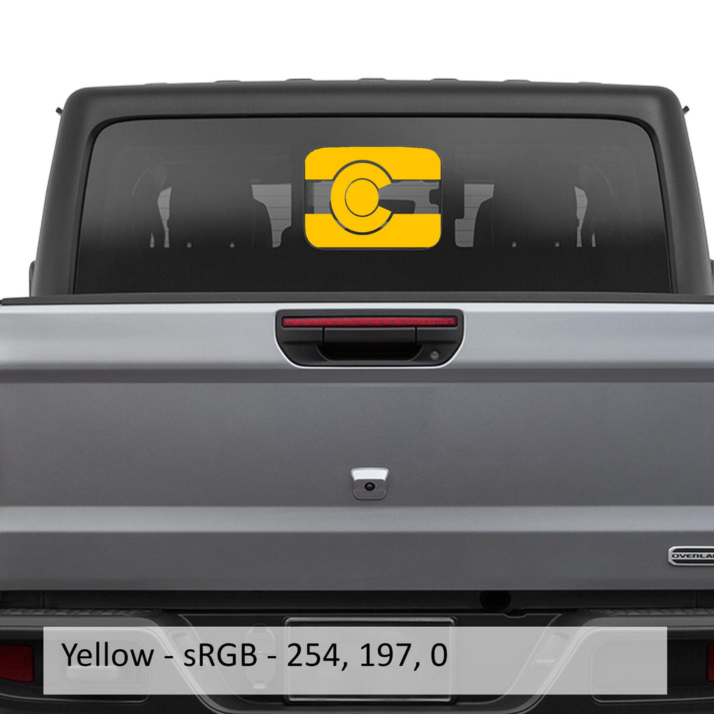 Yellow Colorado flag JT rear sliding window vinyl decal installed on Jeep Gladiator tailgate glass