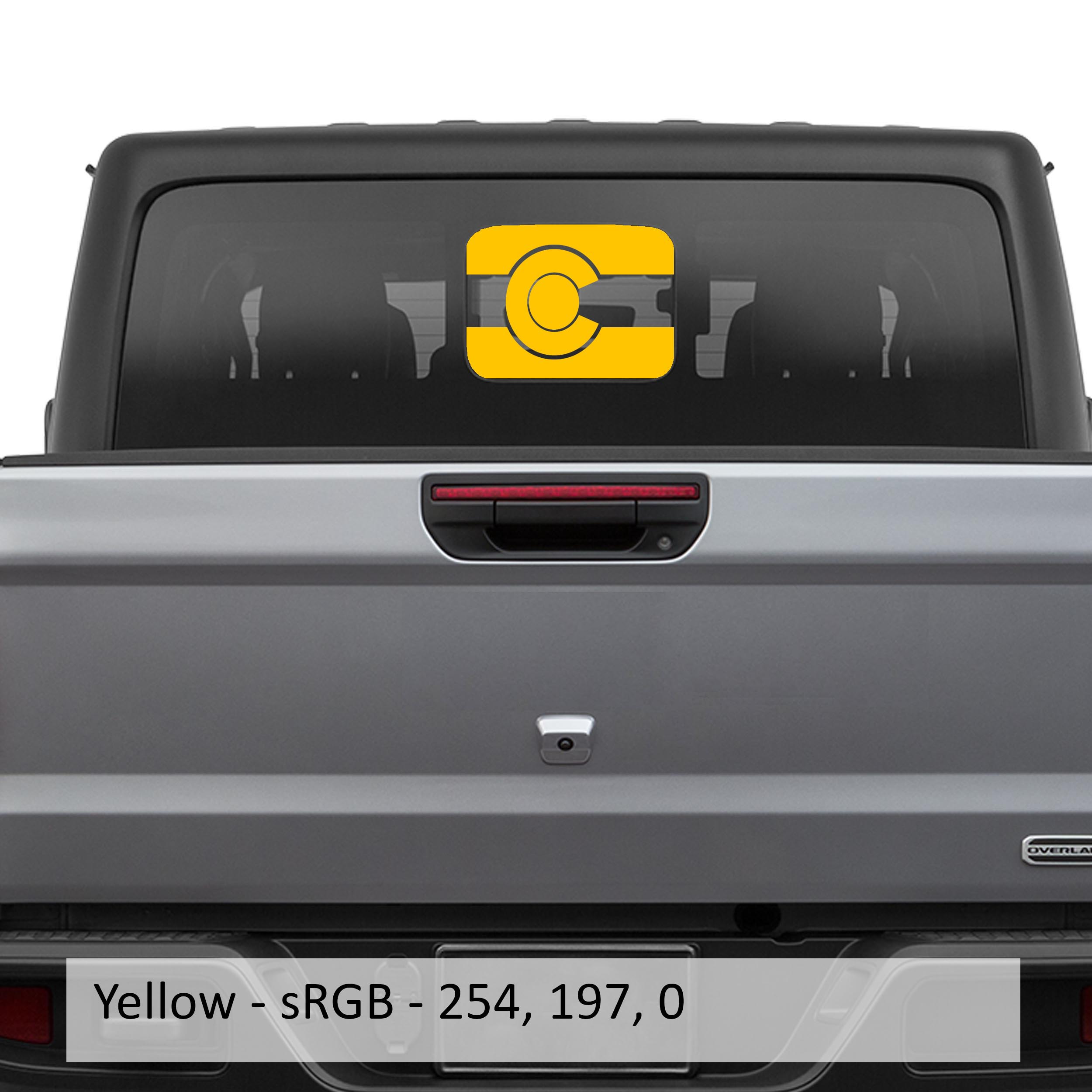 Yellow Colorado flag JT rear sliding window vinyl decal installed on Jeep Gladiator tailgate glass