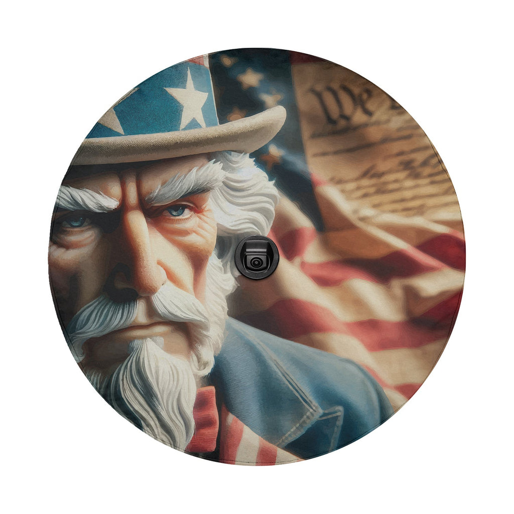 Constitution Keeper spare tire cover flat product shot with aged parchment We the People script and US flag motif