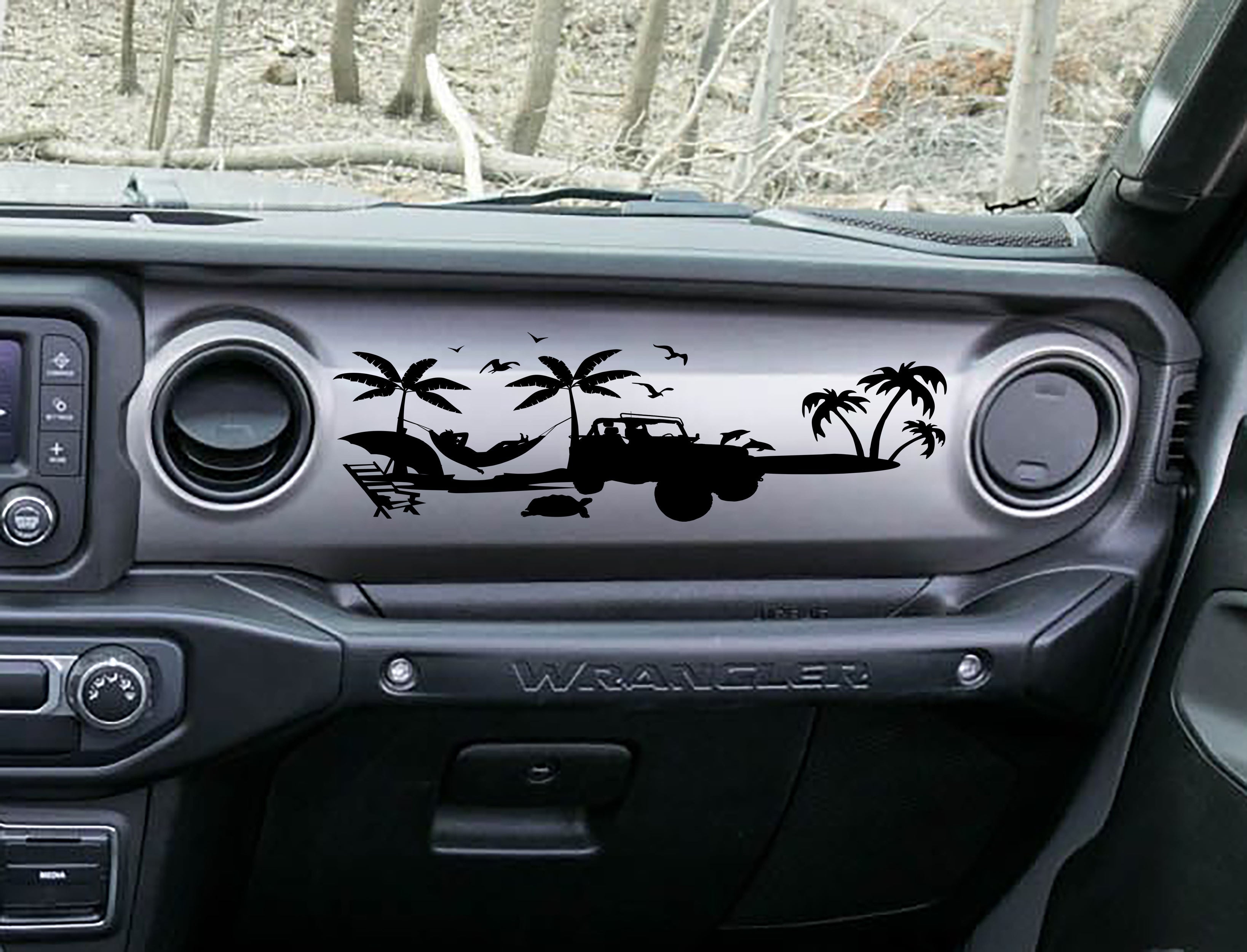 Black beach scene dashboard decal on JL Wrangler, palms hammock surf Jeep silhouette artwork