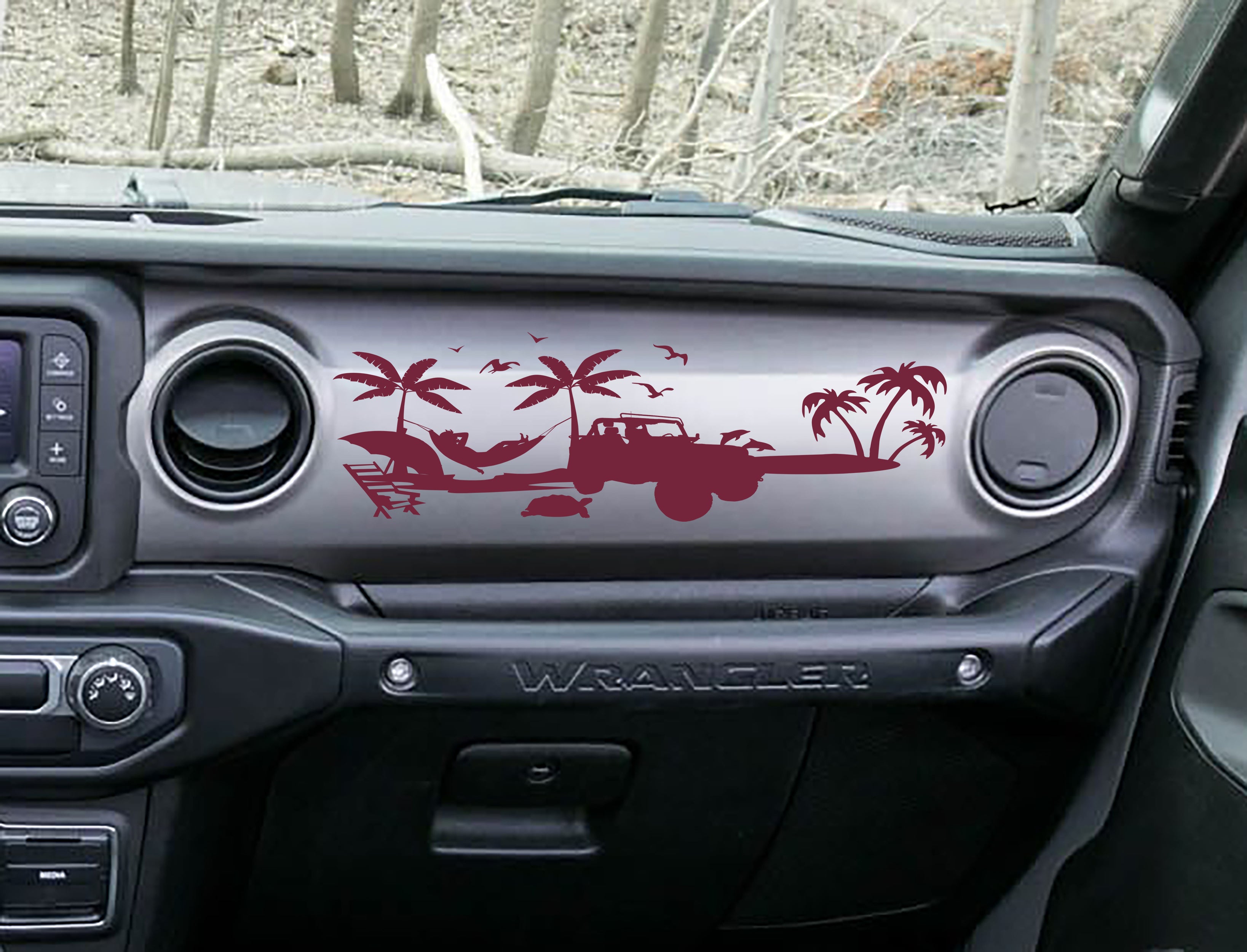 Burgundy beach scene dashboard decal on JL Wrangler, palms hammock surf Jeep silhouette artwork