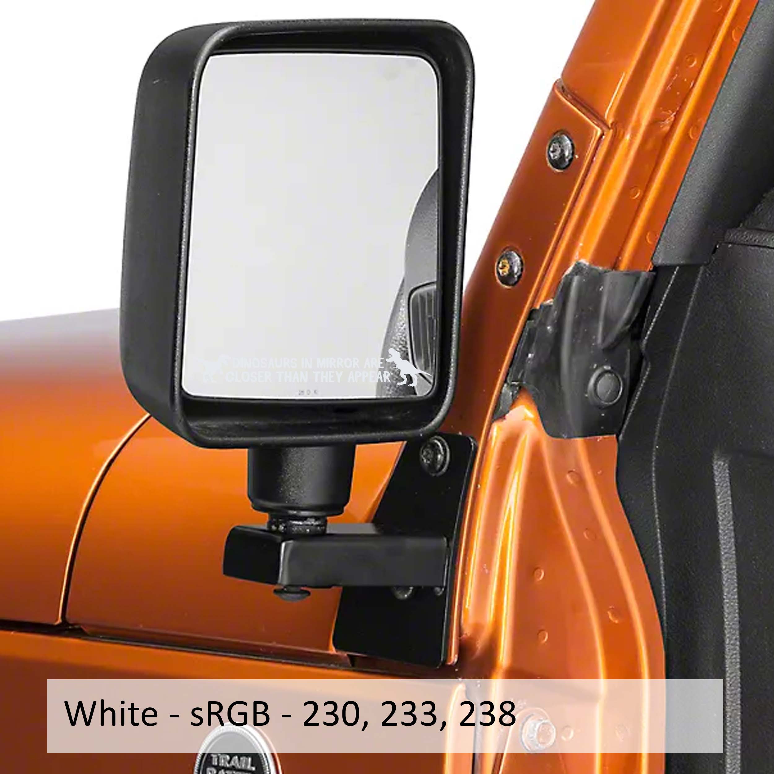 White dinosaurs in mirror are closer than they appear transfer decals applied to side mirror pair
