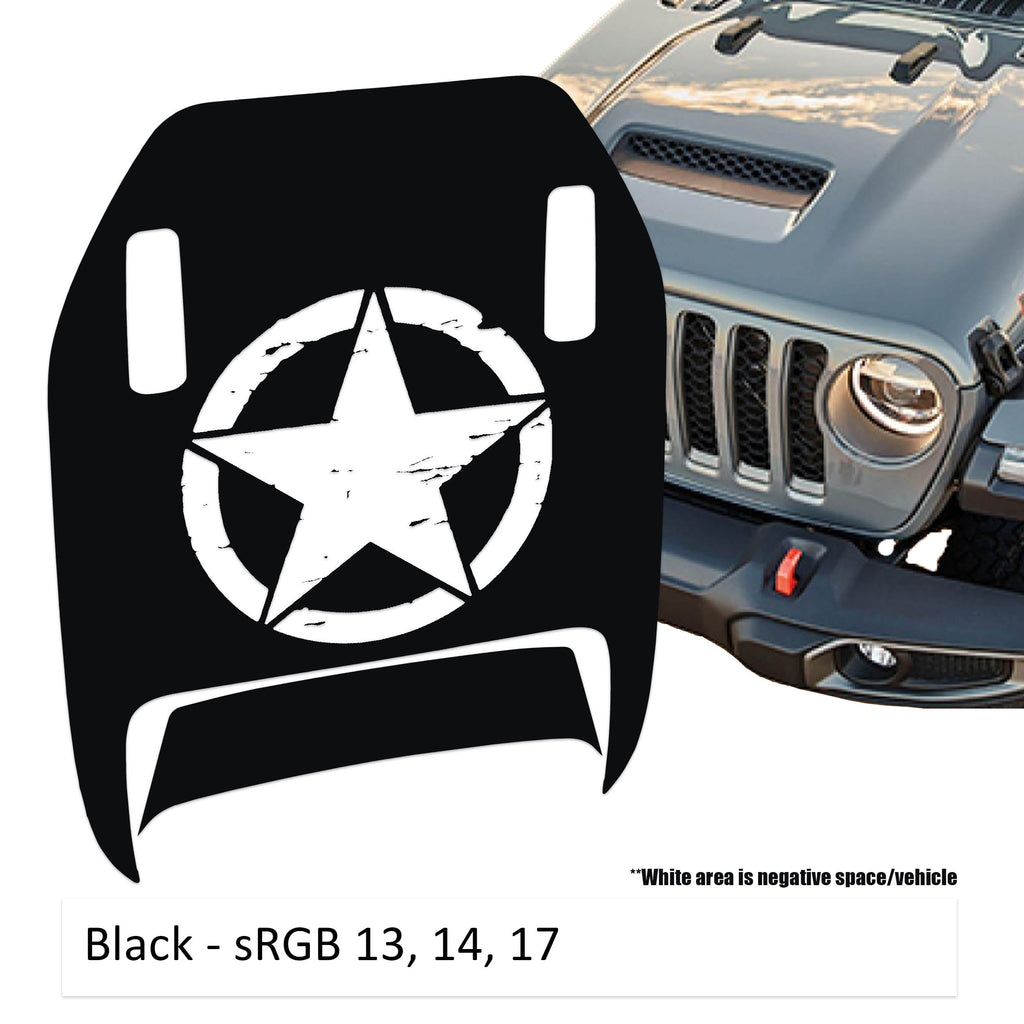 Black Distressed Star Clawed Foot JL JT Mojave hood decal shown on Jeep Wrangler hood