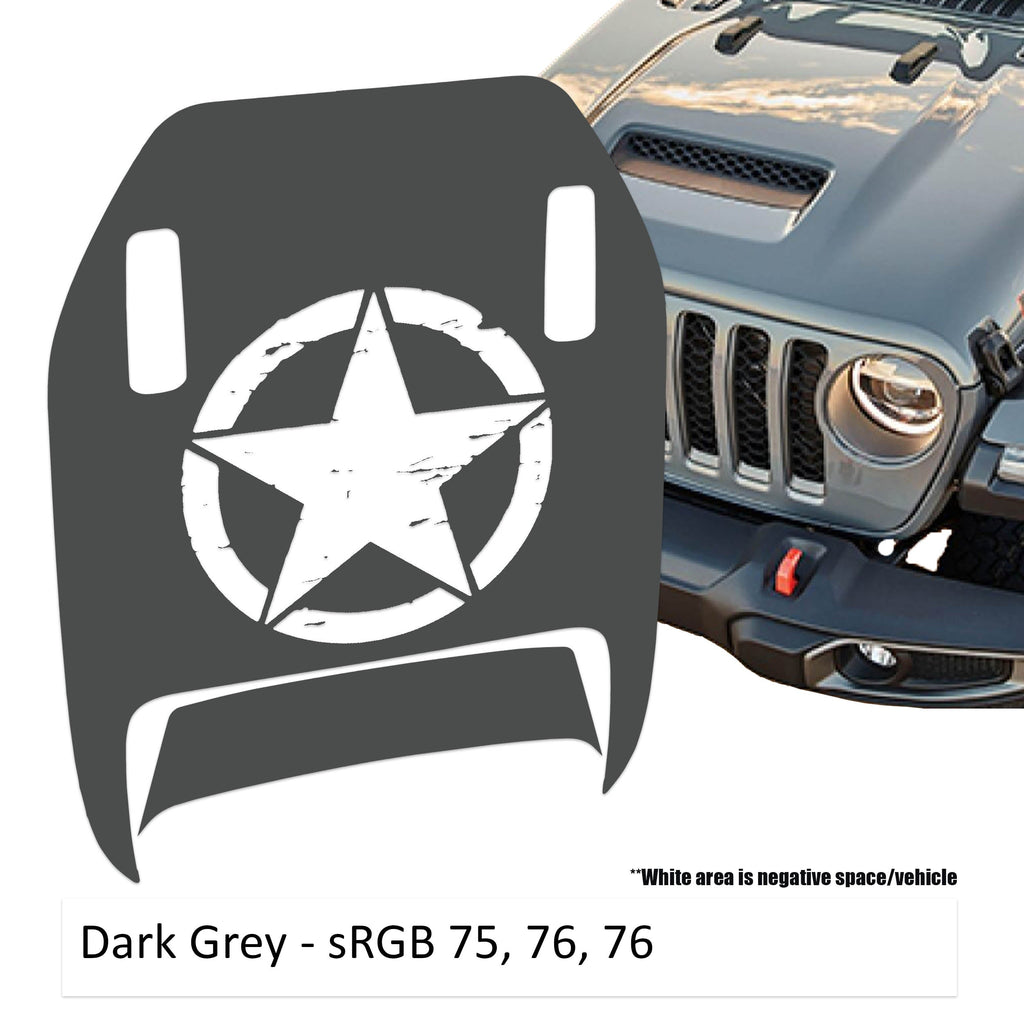 Dark gray Distressed Star Clawed Foot JL JT Mojave hood decal on Jeep Wrangler hood