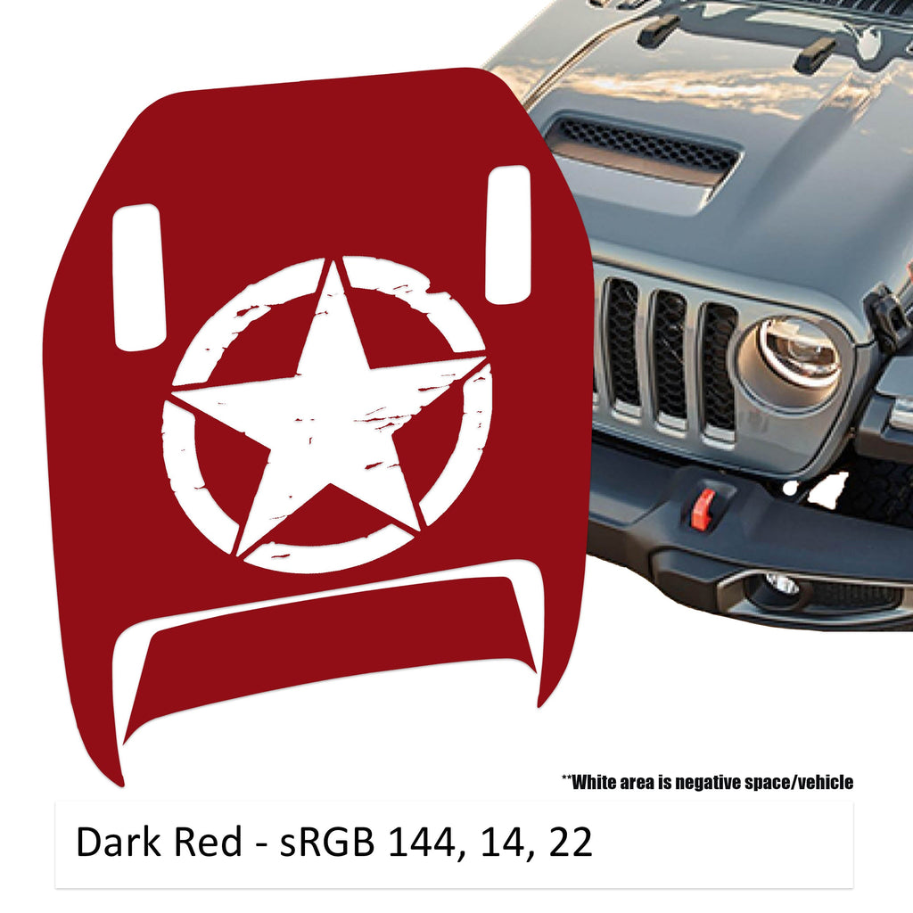 Dark red Distressed Star Clawed Foot JL JT Mojave hood decal shown on Jeep Wrangler hood