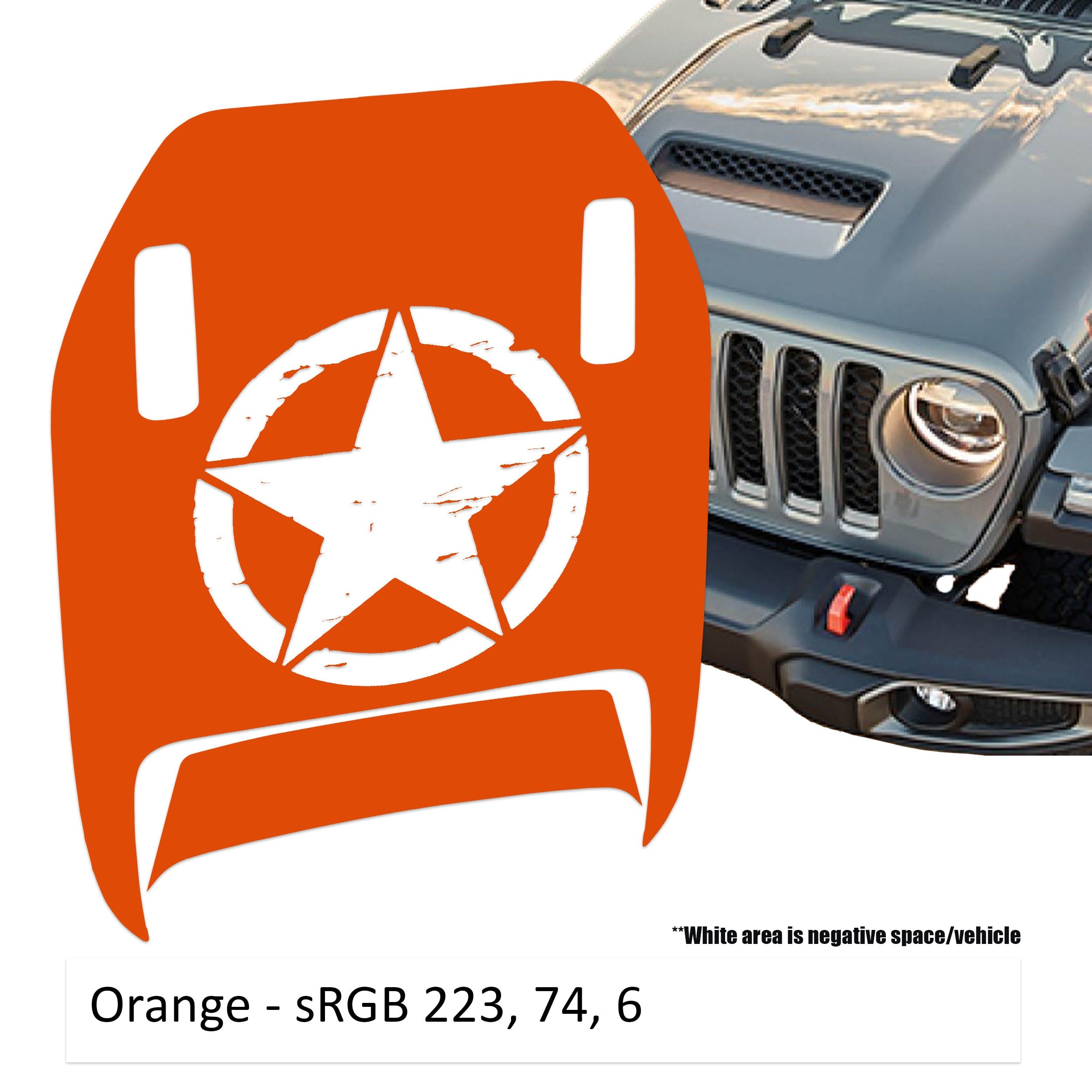 Orange Distressed Star Clawed Foot JL JT Mojave hood decal shown on Jeep Wrangler hood panel