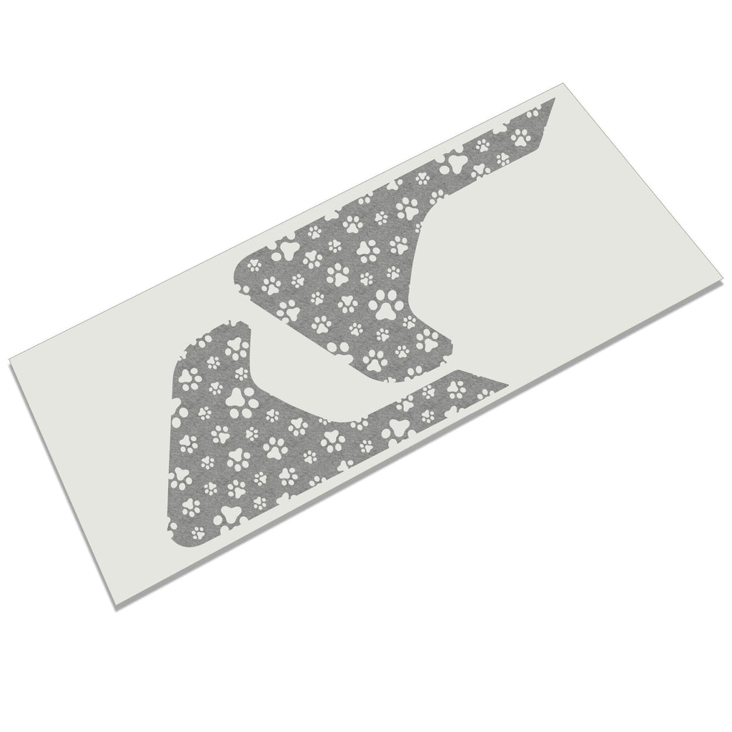 Grey paw print pattern fender vent cling pair shown as die-cut decal cutout on transfer sheet