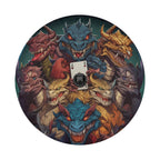 Flat round dragons ace of mischief tire cover product photo with vivid dragon heads and ace card art