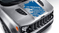 Distressed American flag Renegade blackout hood vinyl decal shown in azure blue on Jeep Renegade BU