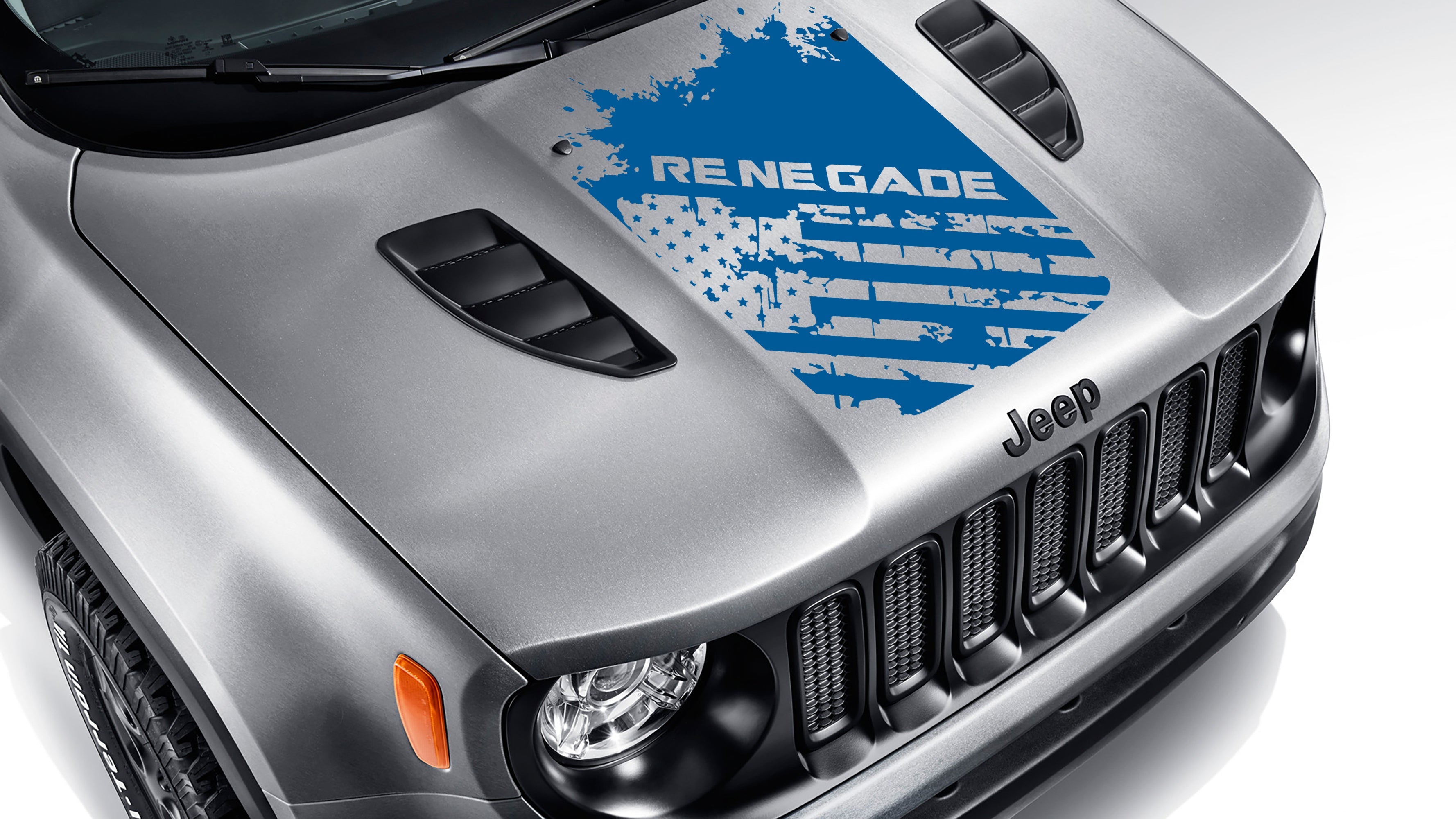 Distressed American flag Renegade blackout hood vinyl decal shown in azure blue on Jeep Renegade BU
