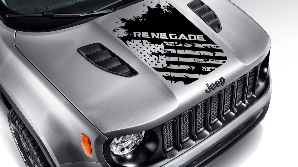 Distressed American flag Renegade blackout hood vinyl decal shown in matte black on Jeep Renegade BU