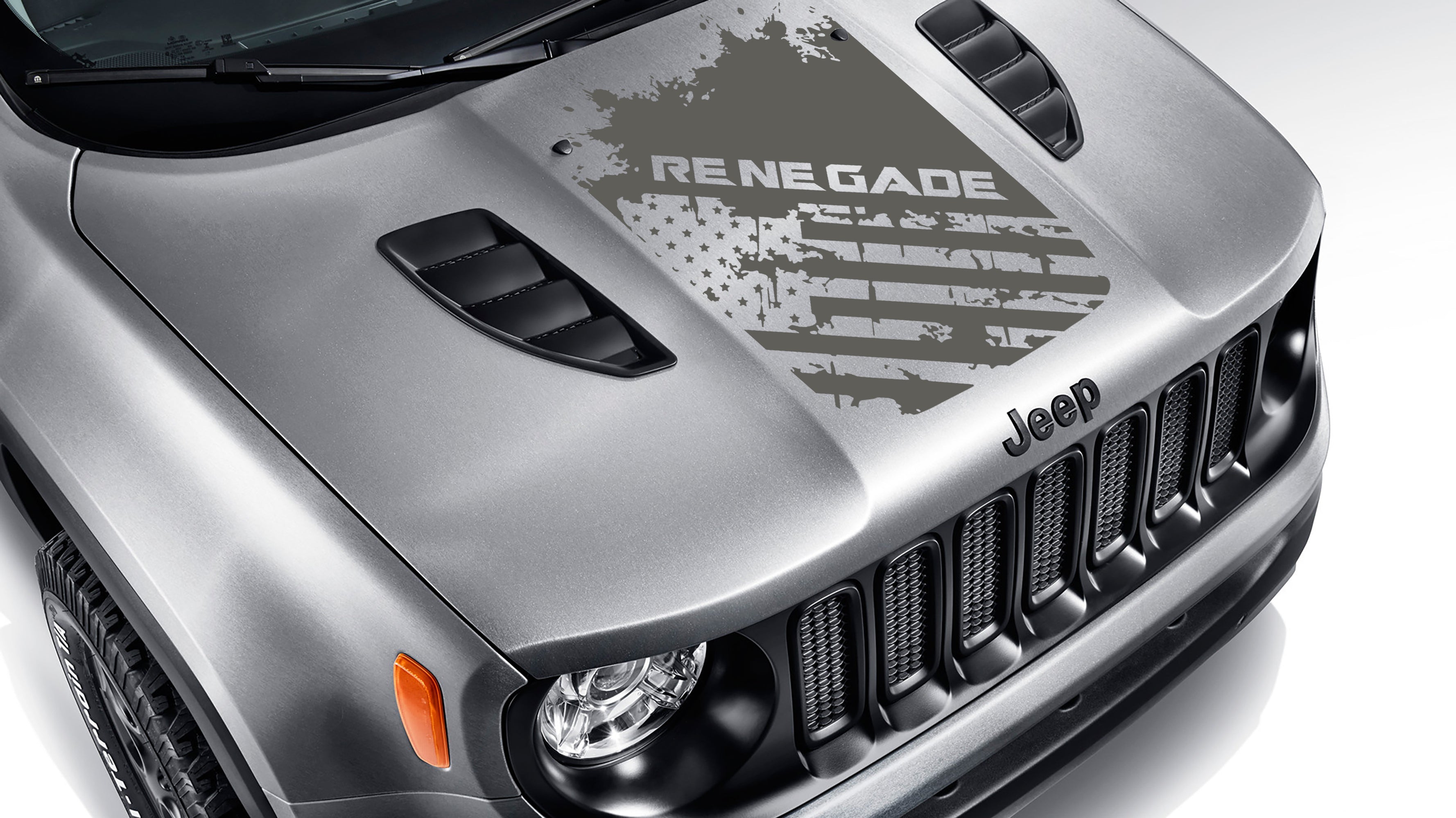 Distressed American flag Renegade blackout hood vinyl decal shown in dark gray on Jeep Renegade BU