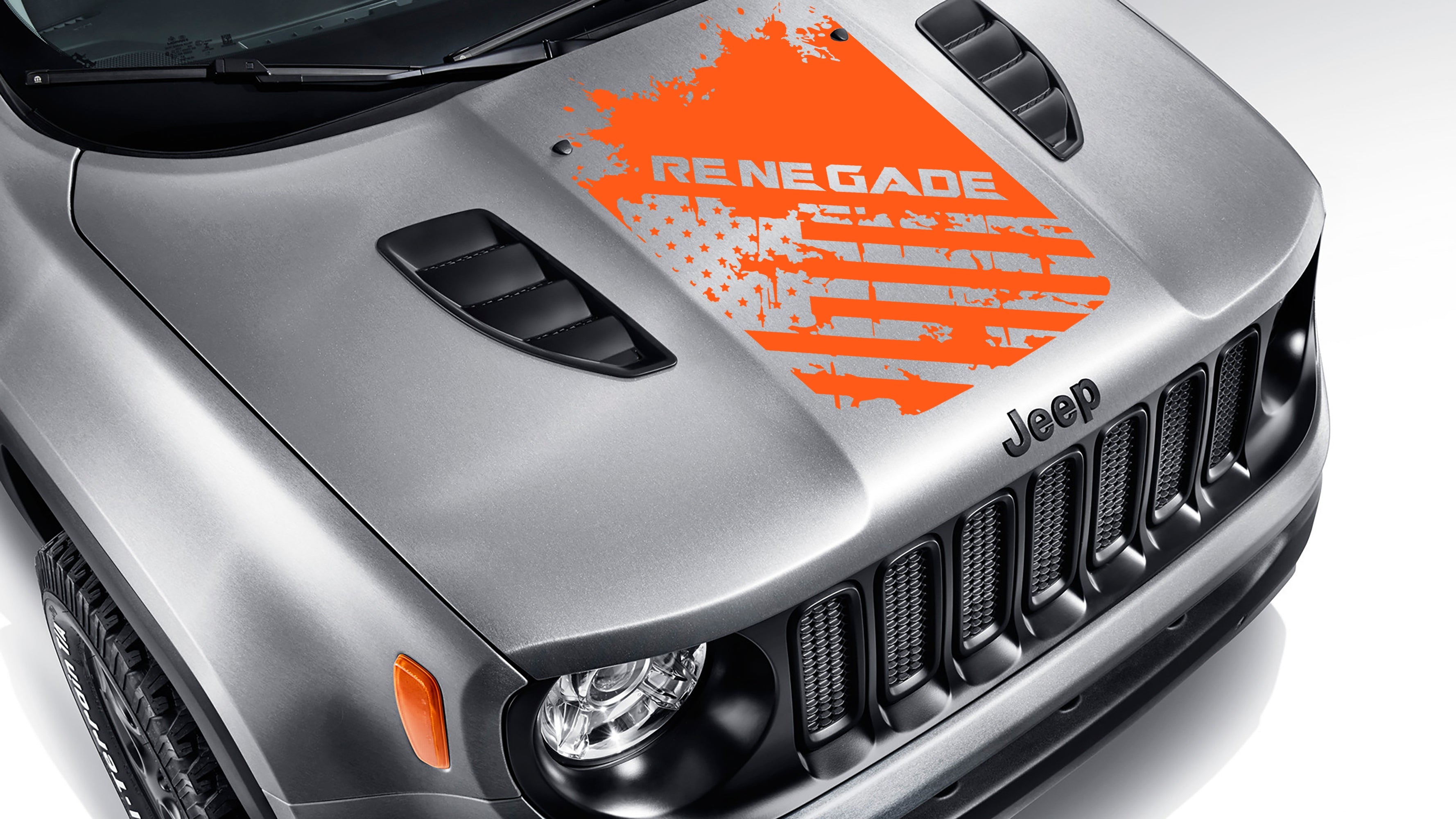 Distressed American flag Renegade blackout hood vinyl decal shown in bright orange on Jeep Renegade BU