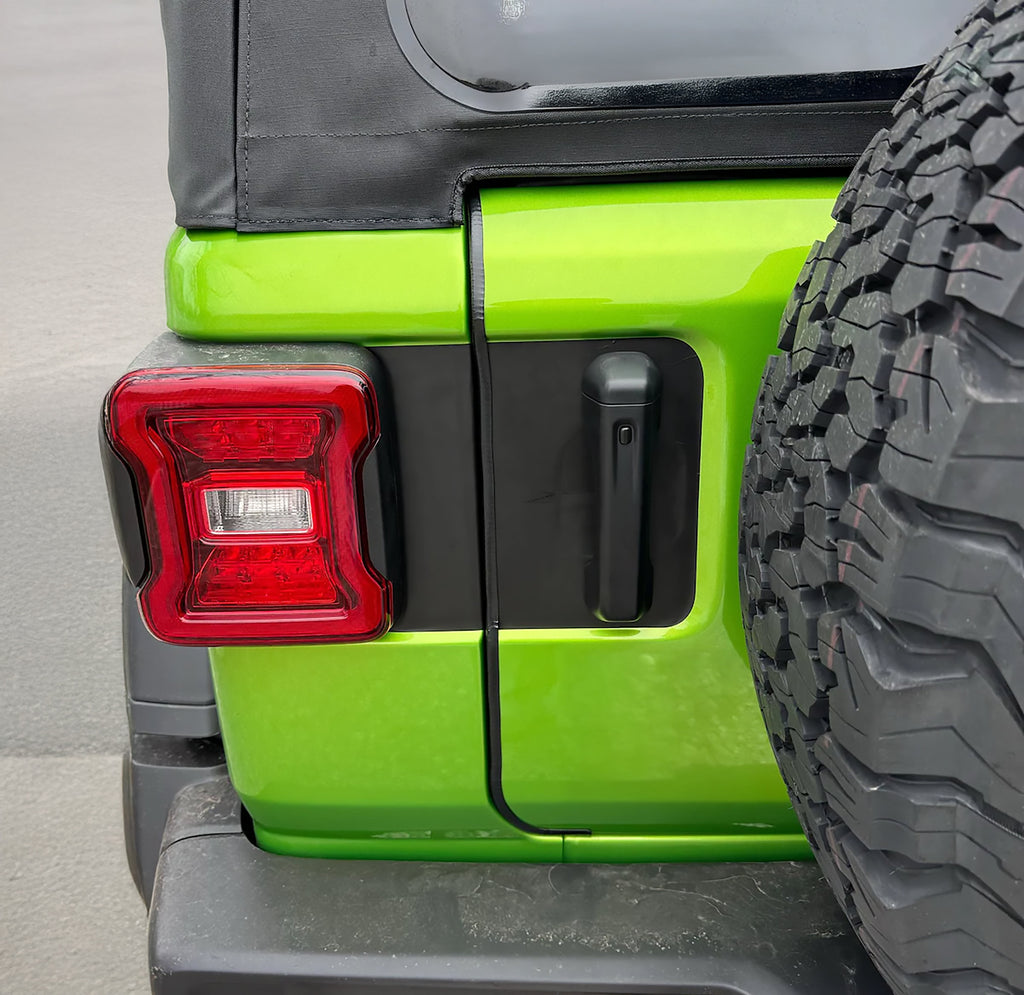 JL rear door tailgate blackout vinyl decal installed on lime green 2018-2025 Jeep Wrangler JL