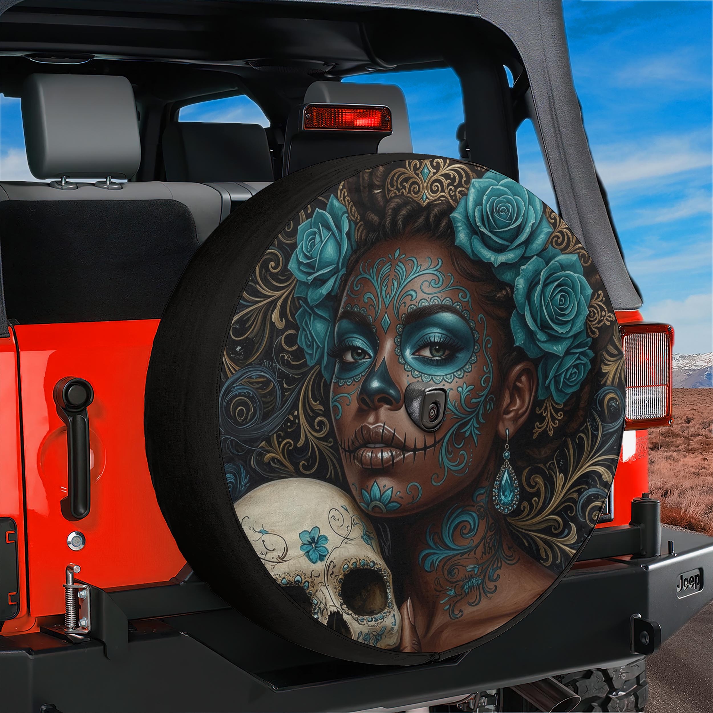La Reina Dorada Ebony Day of the Dead Queen Spare Tire Cover With Backup Camera Hole Option