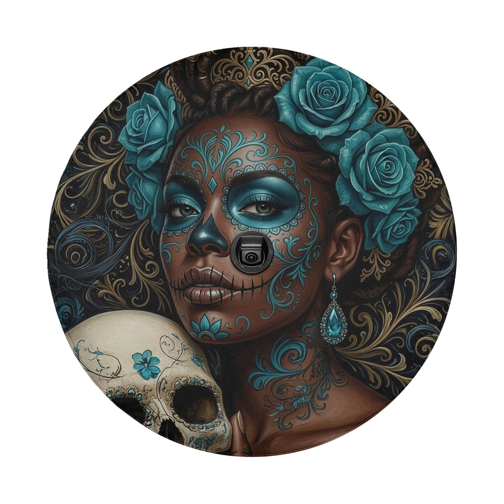 La Reina Dorada Ebony Day of the Dead Queen Spare Tire Cover With Backup Camera Hole Option