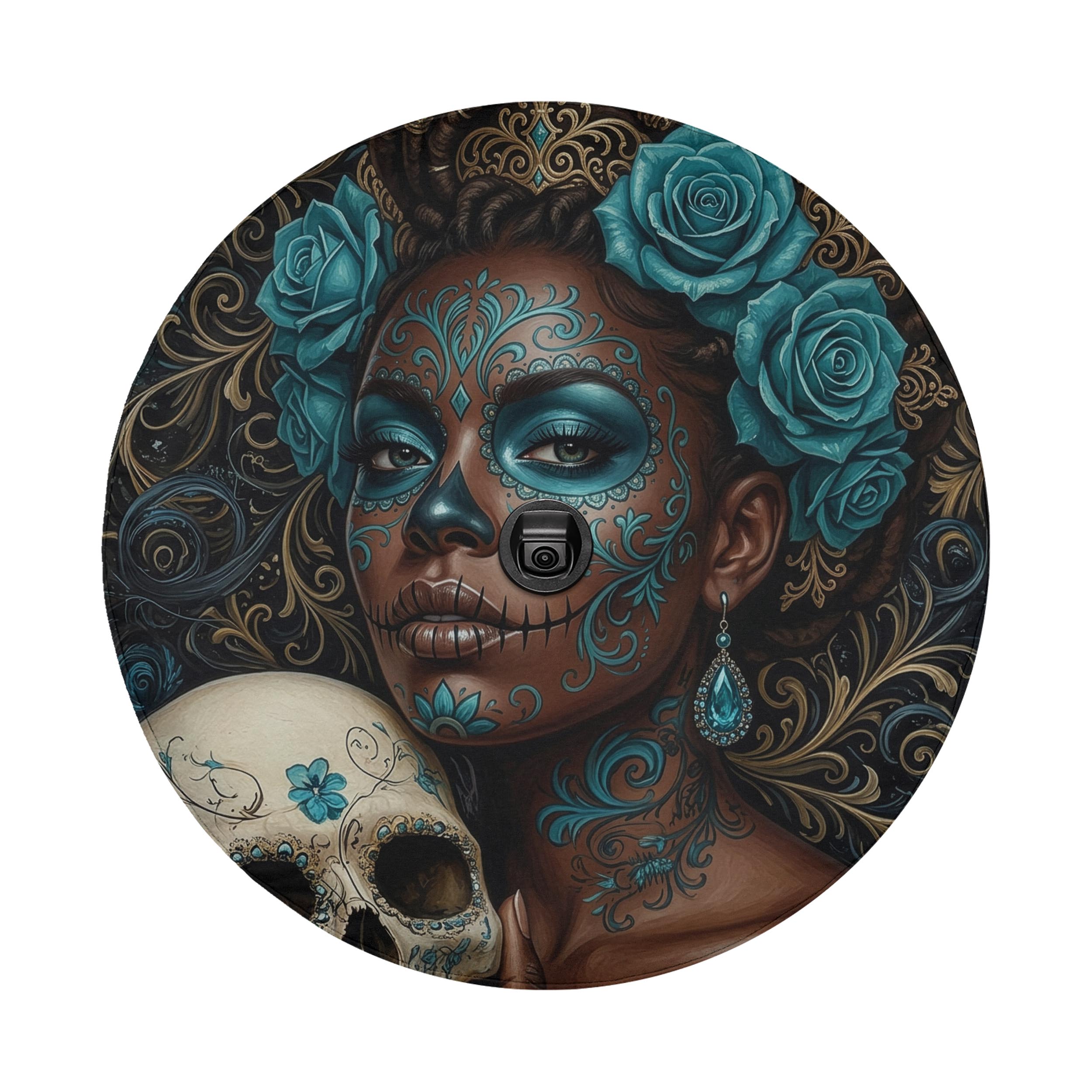 La Reina Dorada Ebony Day of the Dead Queen Spare Tire Cover With Backup Camera Hole Option