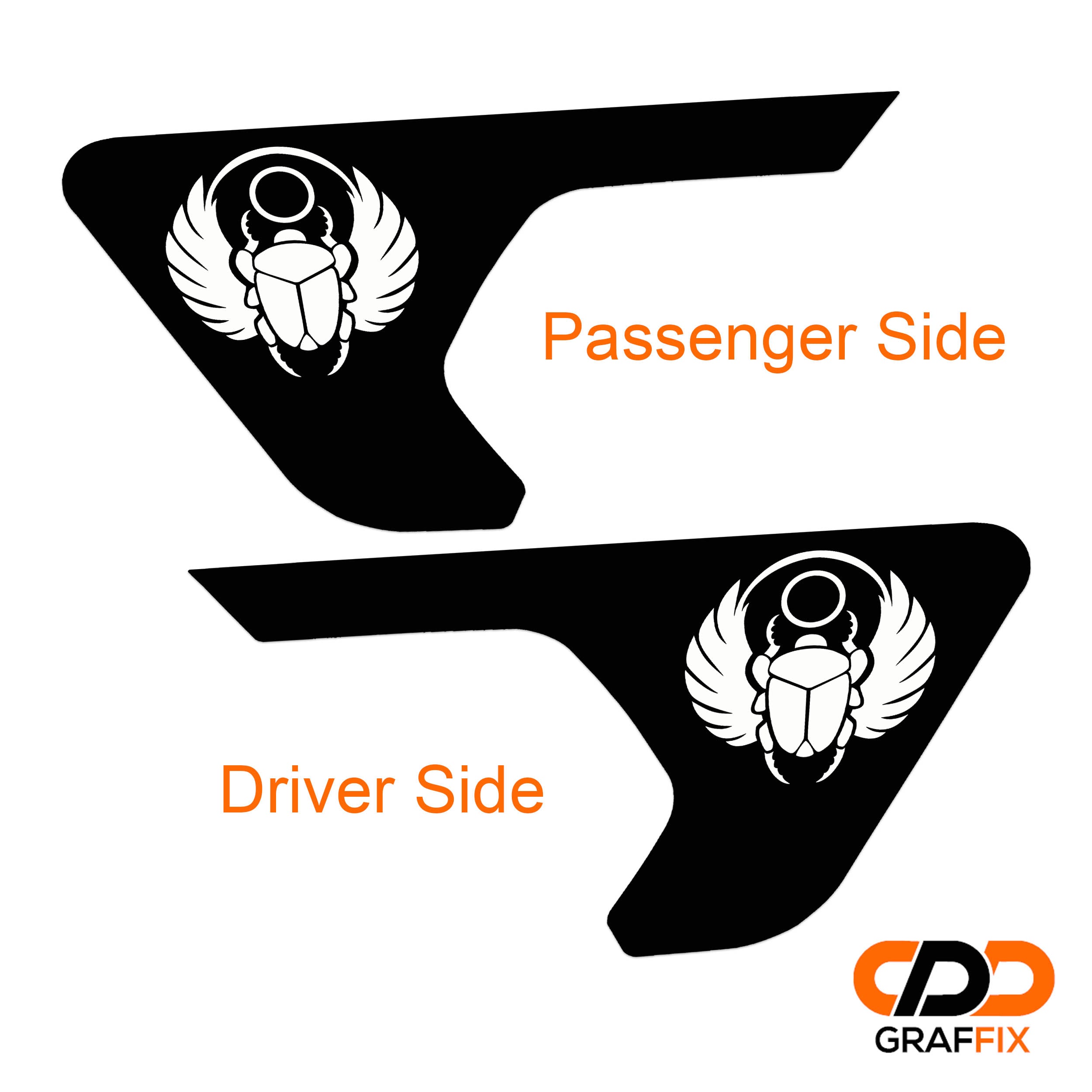 Egyptian scarab fender vent decal close-up showing blackout silhouette over Jeep Wrangler billet vent